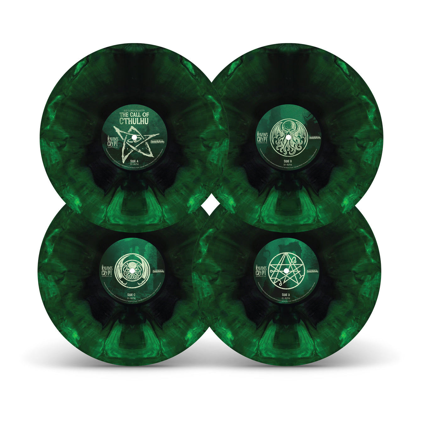 Set of four green marbled vinyl records for H.P. Lovecraft’s The Call of Cthulhu LP, featuring eldritch symbol center labels for Sides A–D.