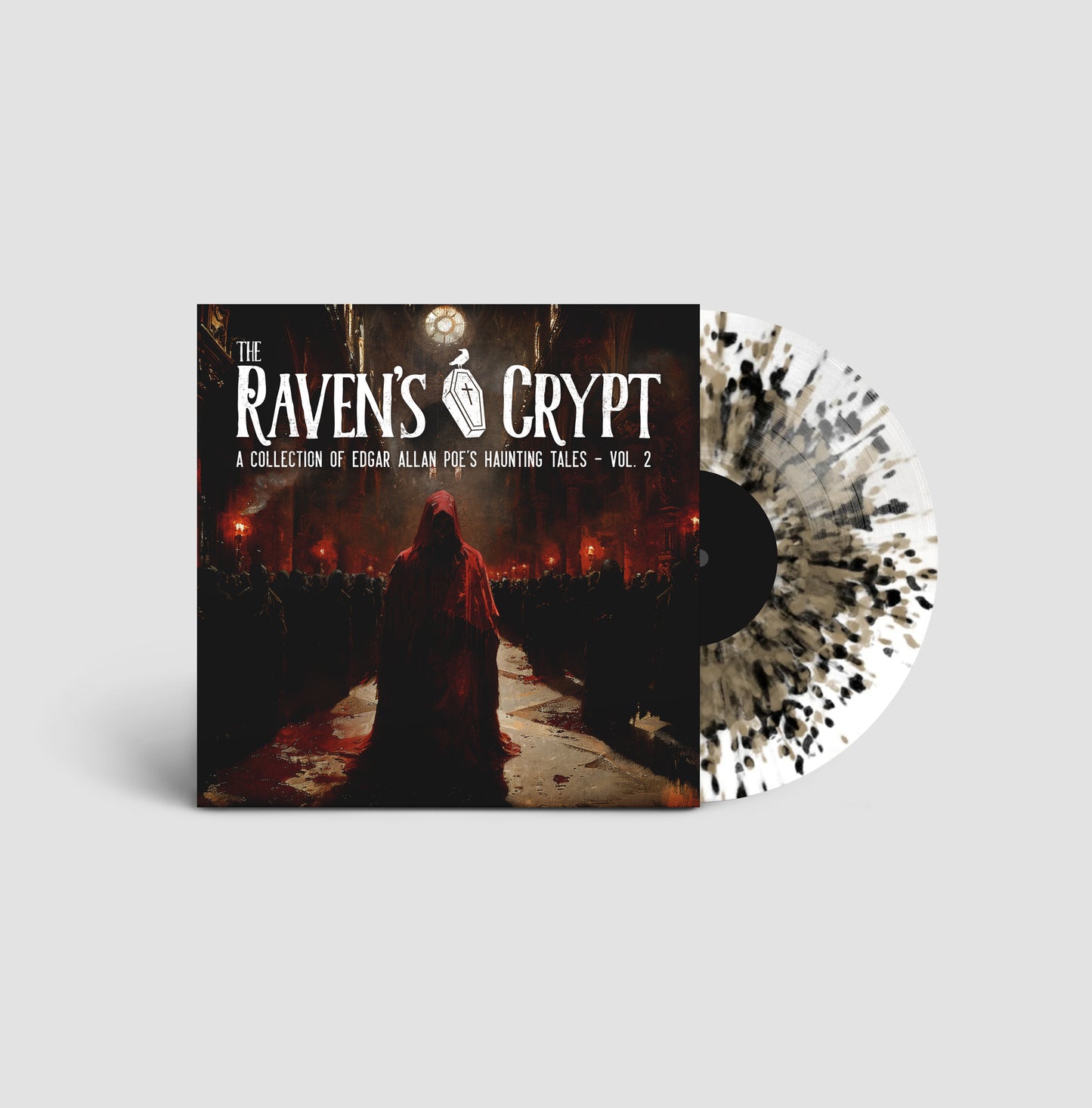 Mockup of The Raven’s Crypt: A Collection of Edgar Allan Poe’s Haunting Tales Vol. 2 vinyl, featuring the Walled Alive Variant with clear black-and-tan splatter next to gothic album cover art.