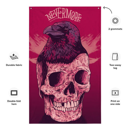 Edgar Allan Poe Skull & Raven Flag - Gothic Literary Home Decor