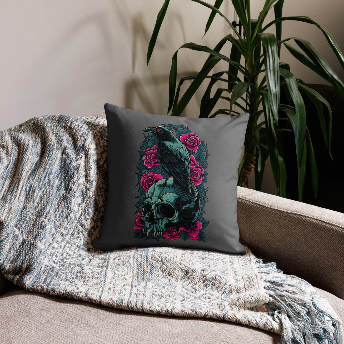 The Raven's Crypt Raven on Skull Grey Premium Pillow - 18 x 18 Back