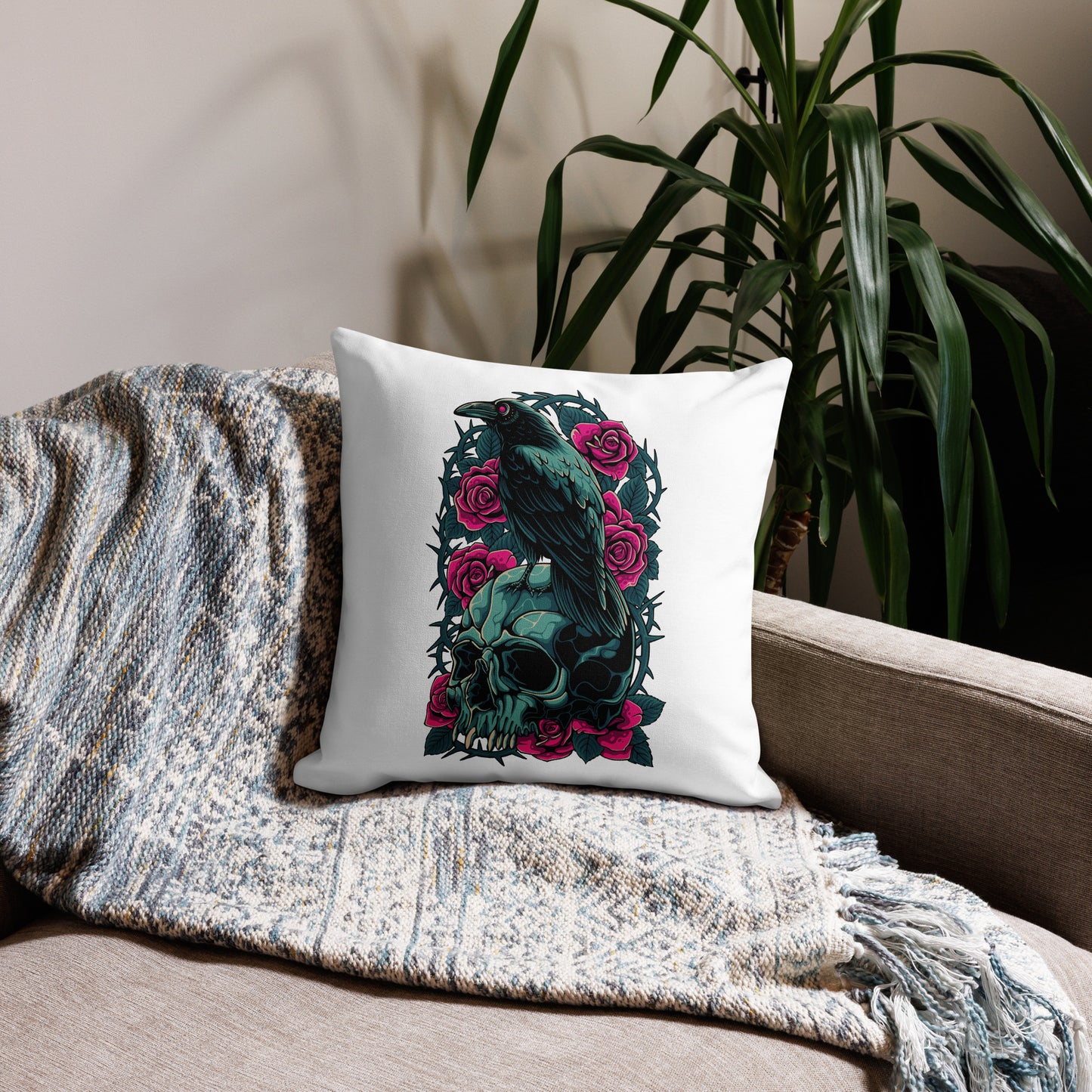 The Raven's Crypt Raven on Skull White Premium Pillow - 18 x 18