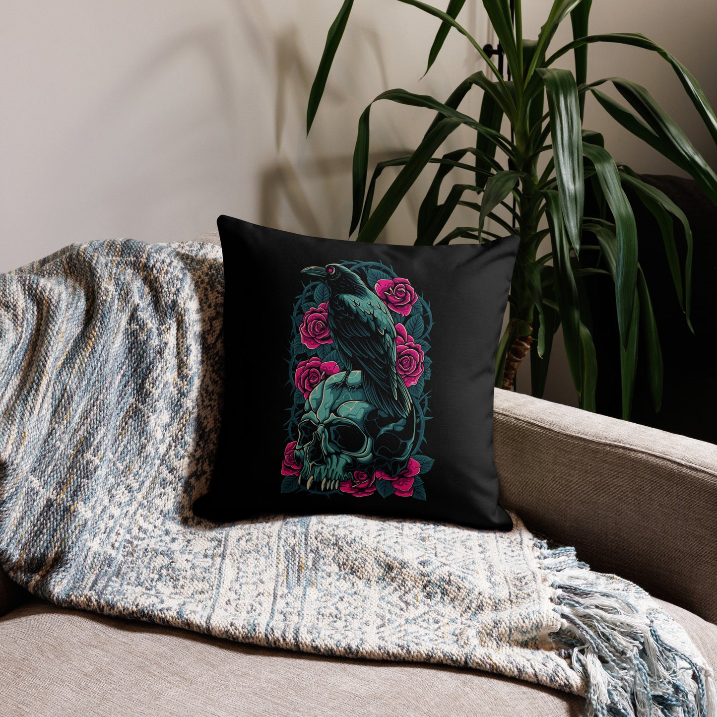 The Raven's Crypt Raven on Skull Black Premium Pillow - 18 x 18