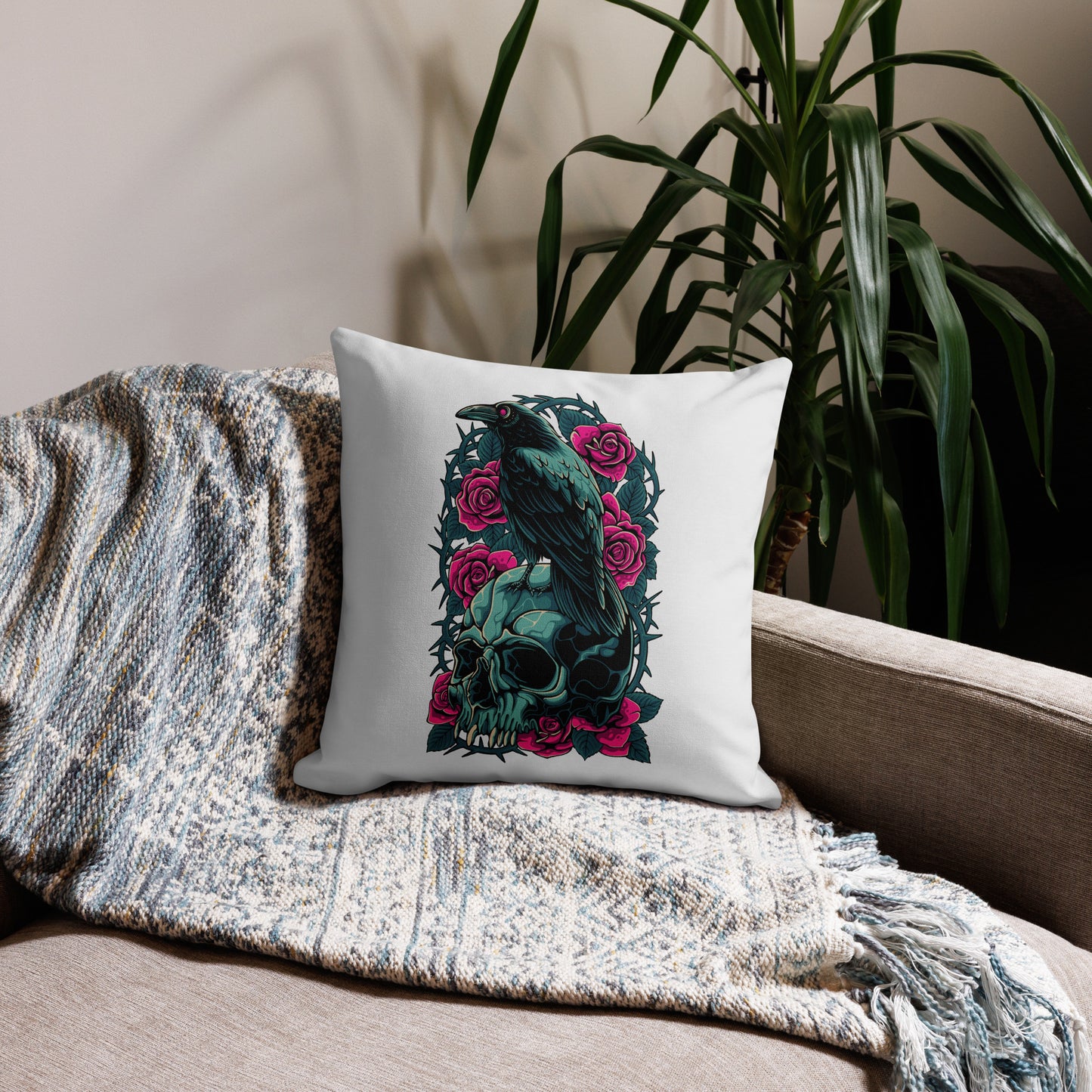 The Raven's Crypt Raven on Skull Whisper Premium Pillow - 18 x 18