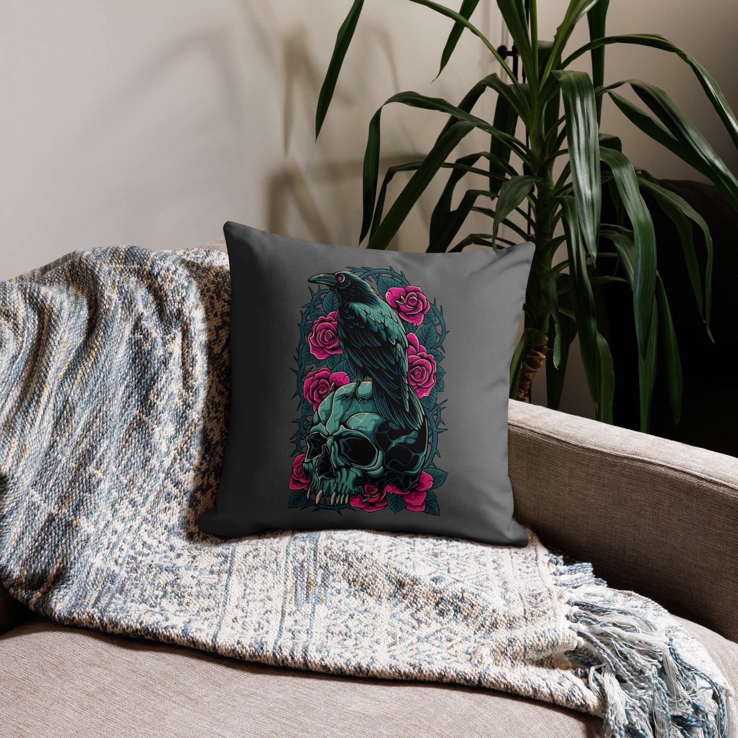 The Raven's Crypt Raven on Skull Zambezi Premium Pillow - 18 x 18