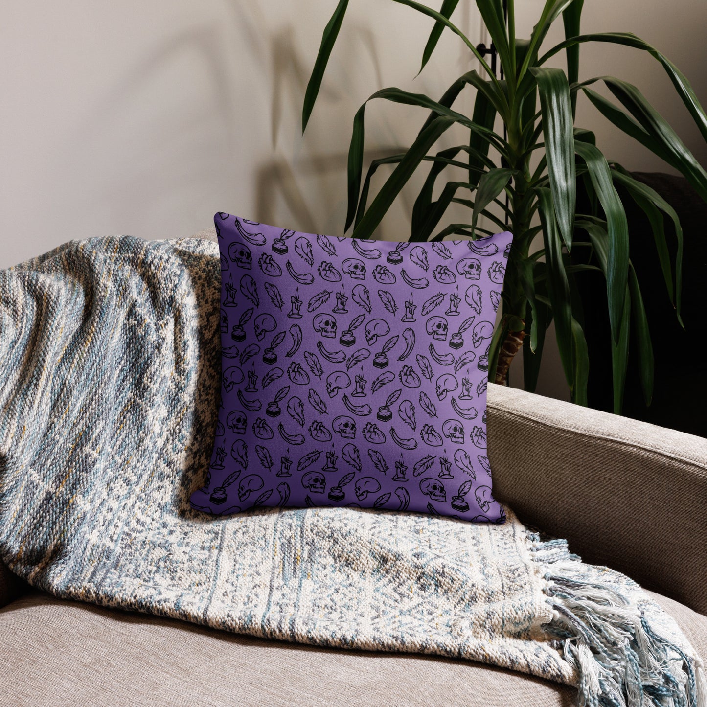 Edgar Allan Poe Tilled Purple & Black Premium Pillow - 18 x 18 Front