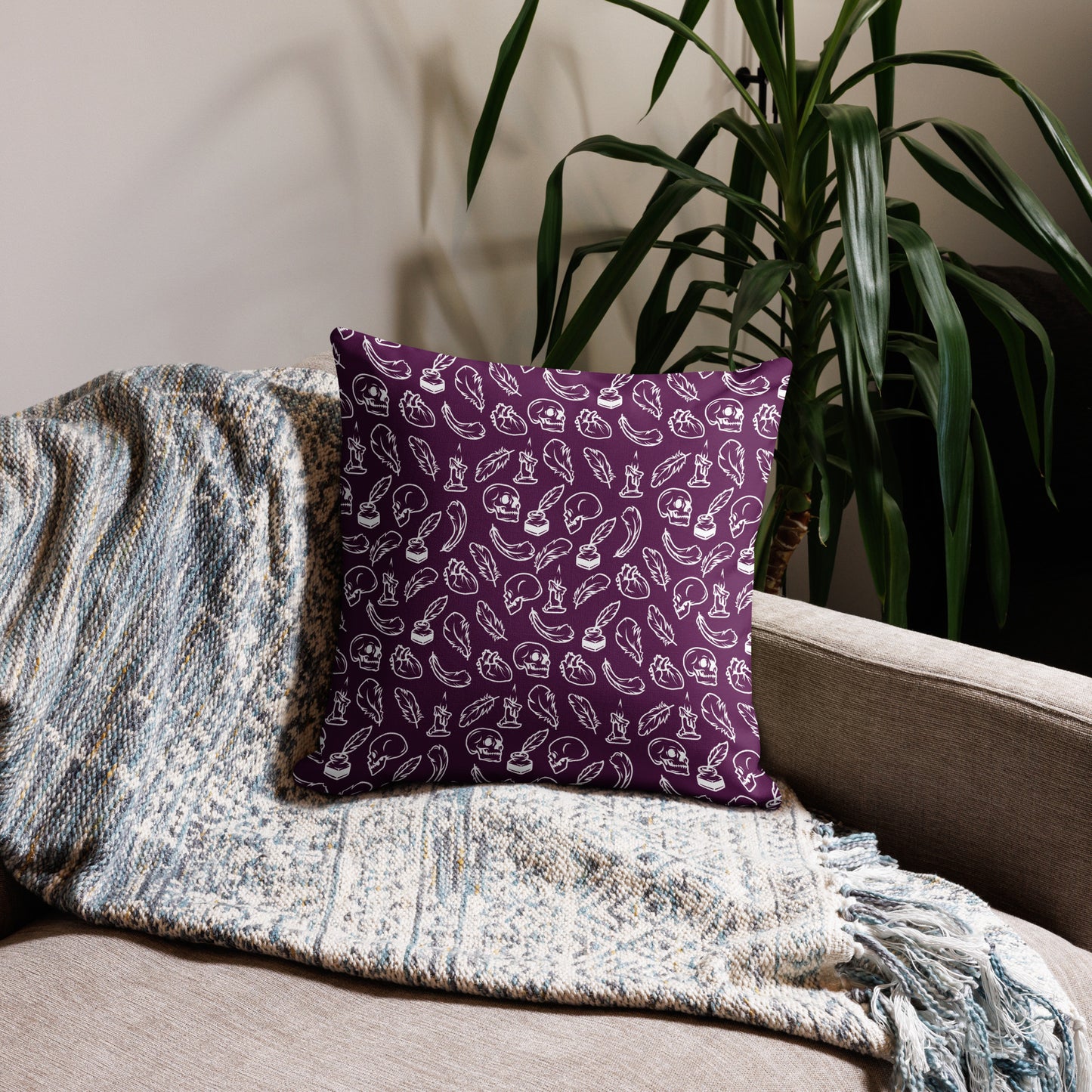 Edgar Allan Poe Tilled Tyrian Purple & White Premium Pillow - 18 x 18 Front
