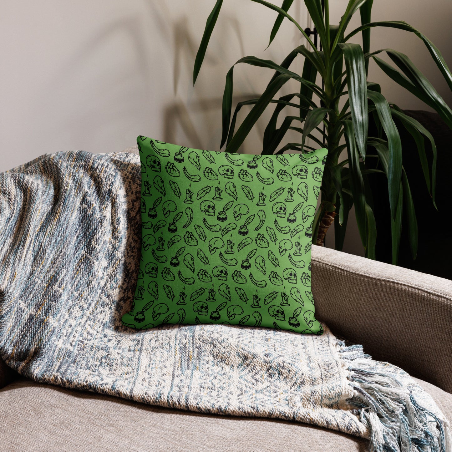Edgar Allan Poe Tilled Green & Black Premium Pillow - 18 x 18 Front