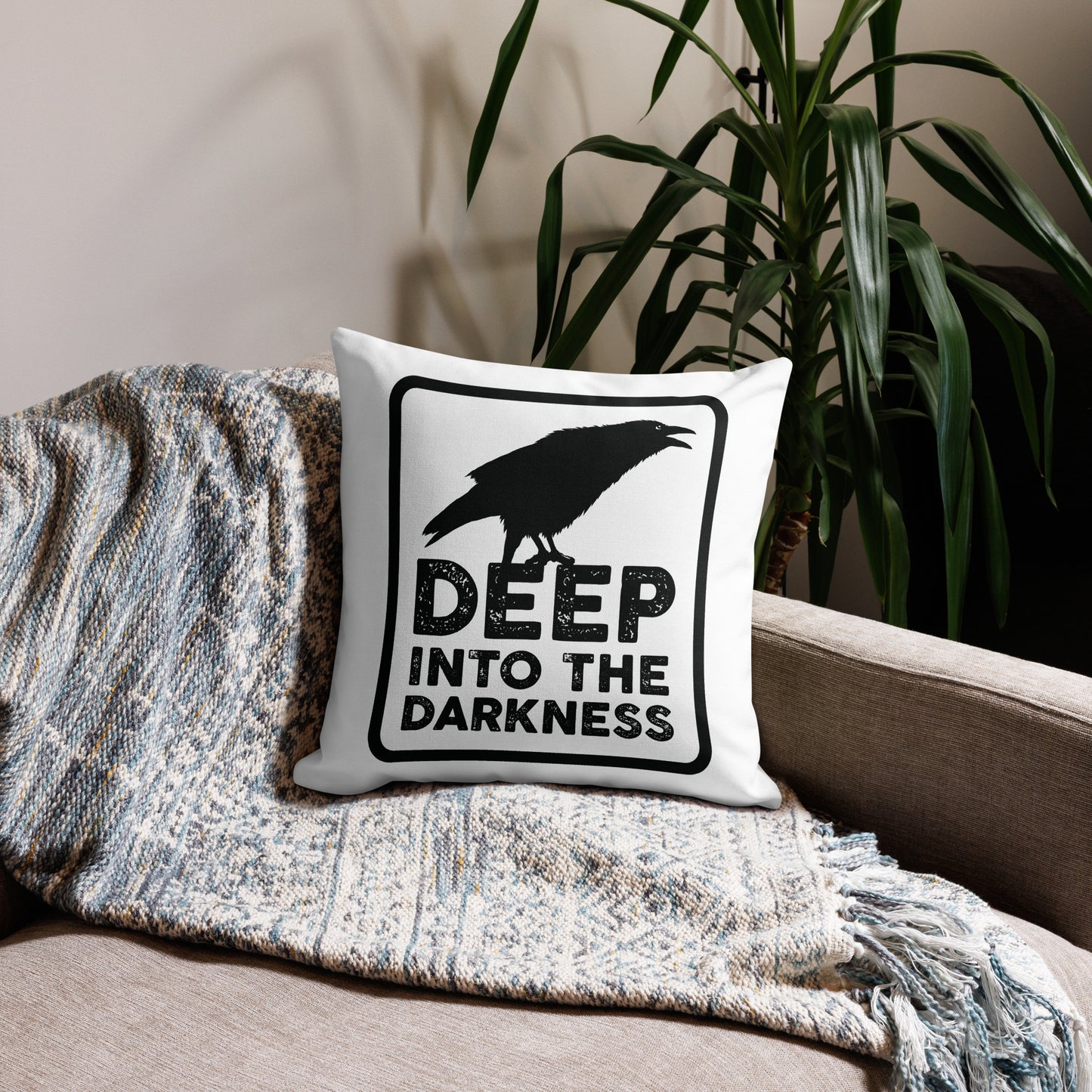 Raven Deep Into the Darkness - White & Black Premium Pillow - 18 x 18