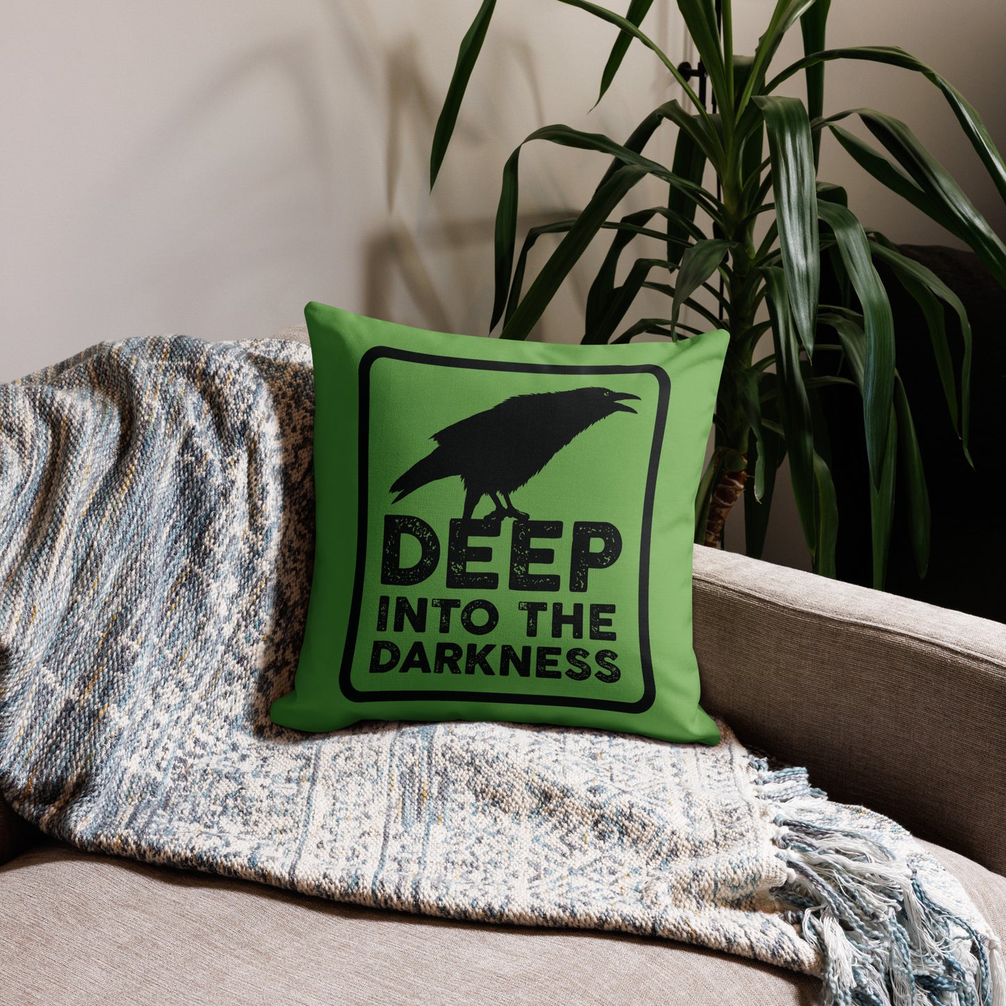 Raven Deep Into the Darkness - Green & Black Premium Pillow - 18 x 18