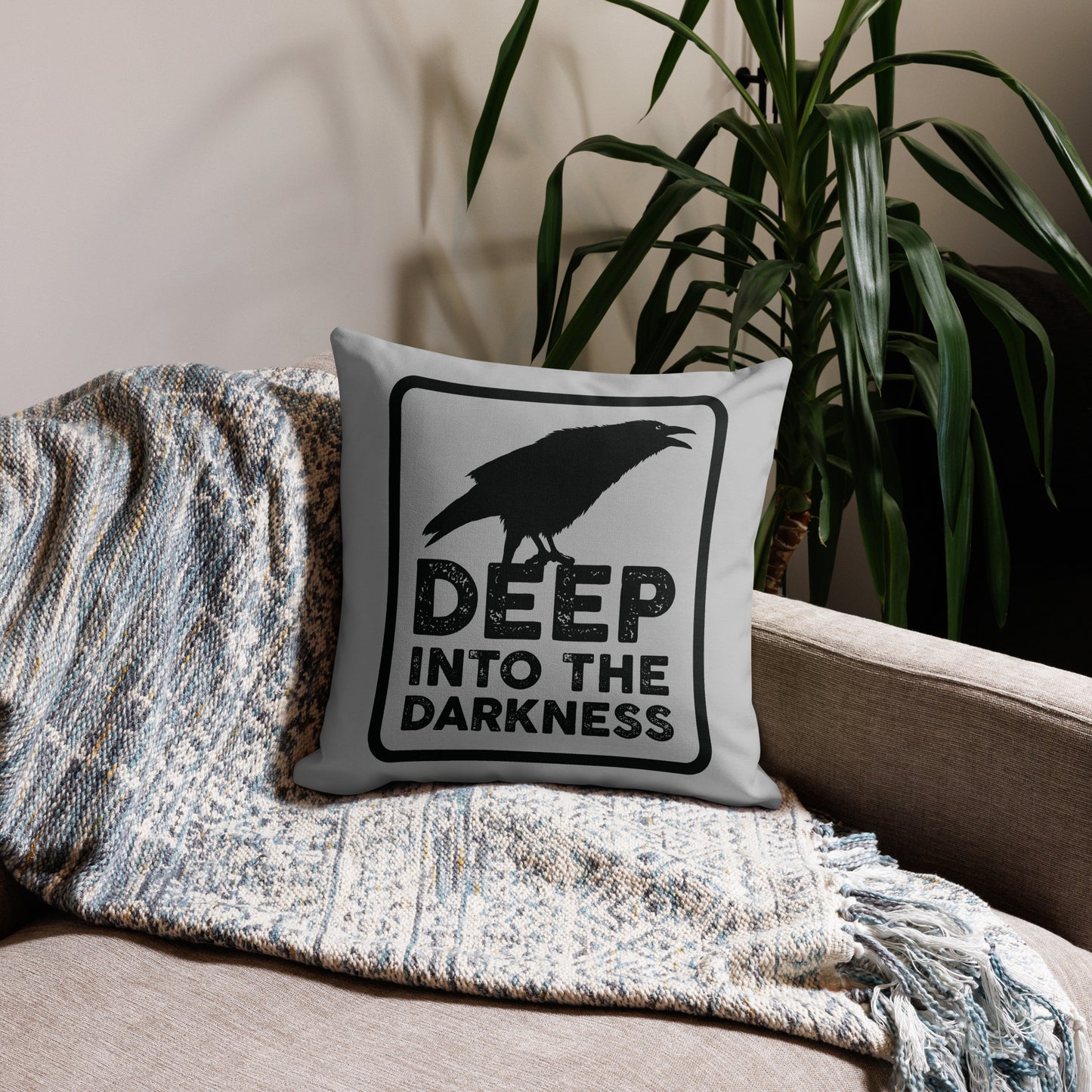 Raven Deep Into the Darkness - Silver & Black Premium Pillow - 18 x 18