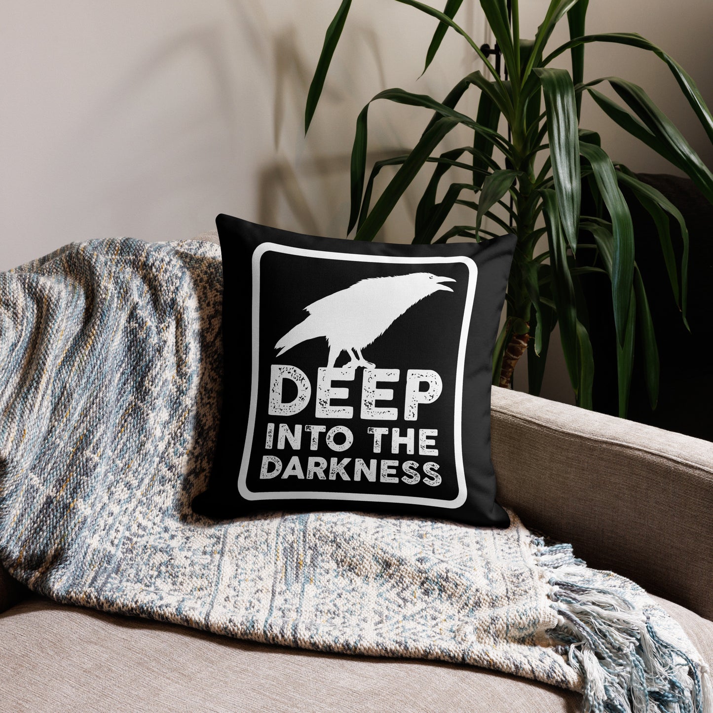 Raven Deep Into the Darkness - Black & White Premium Pillow - 18 x 18