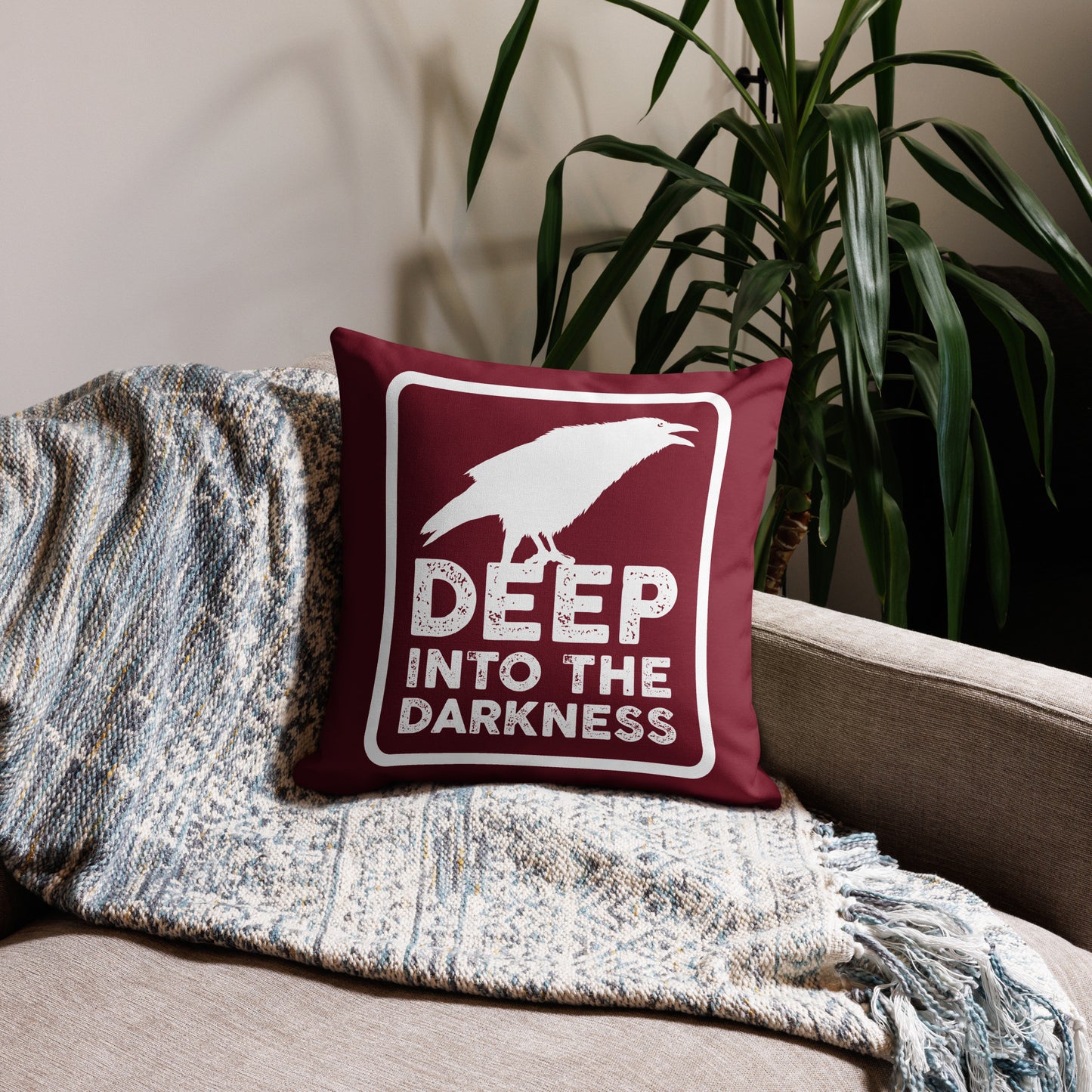 Raven Deep Into the Darkness - Burgundy & White Premium Pillow - 18 x 18