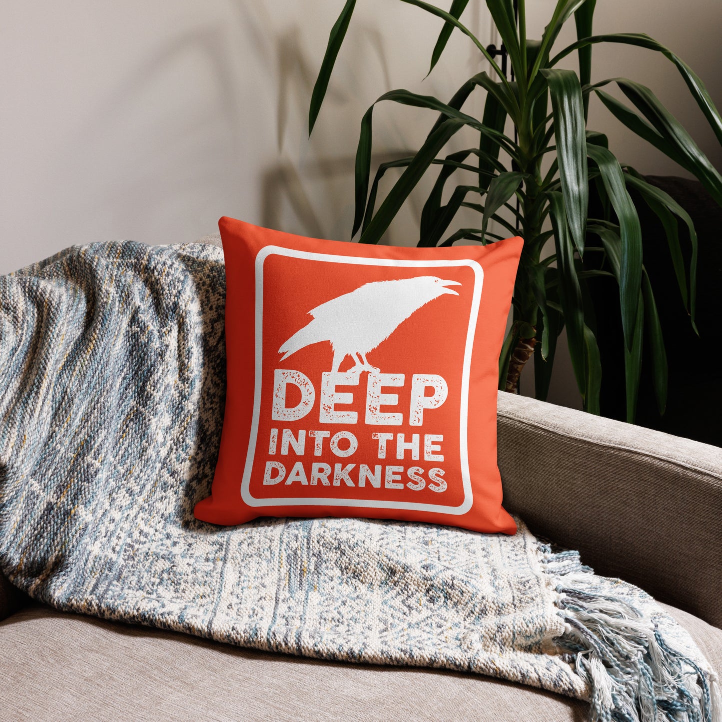 Raven Deep Into the Darkness - Outrageous Orange & White Premium Pillow - 18 x 18