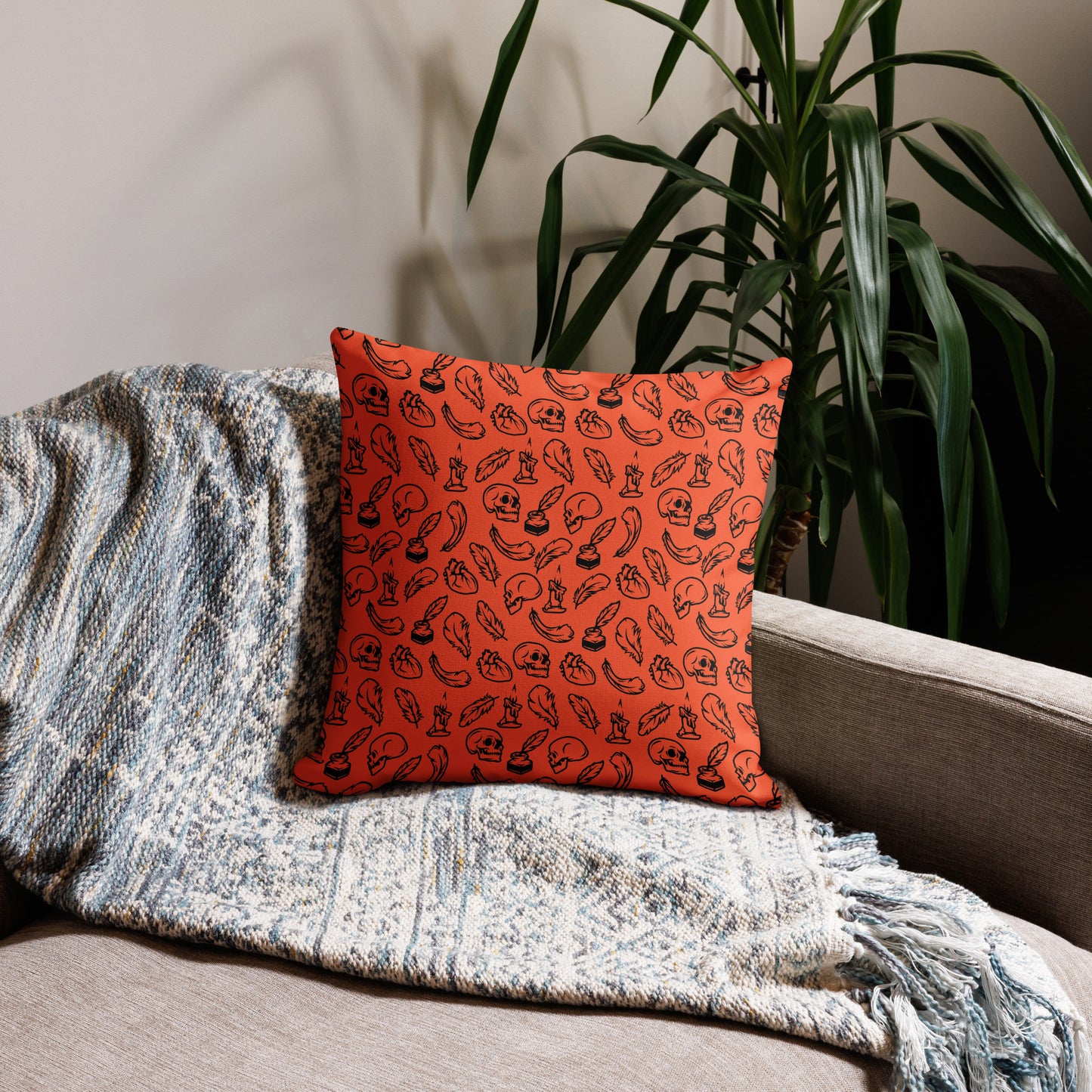 Edgar Allan Poe Tilled Outrageous Orange & Black Premium Pillow - 18 x 18 Front