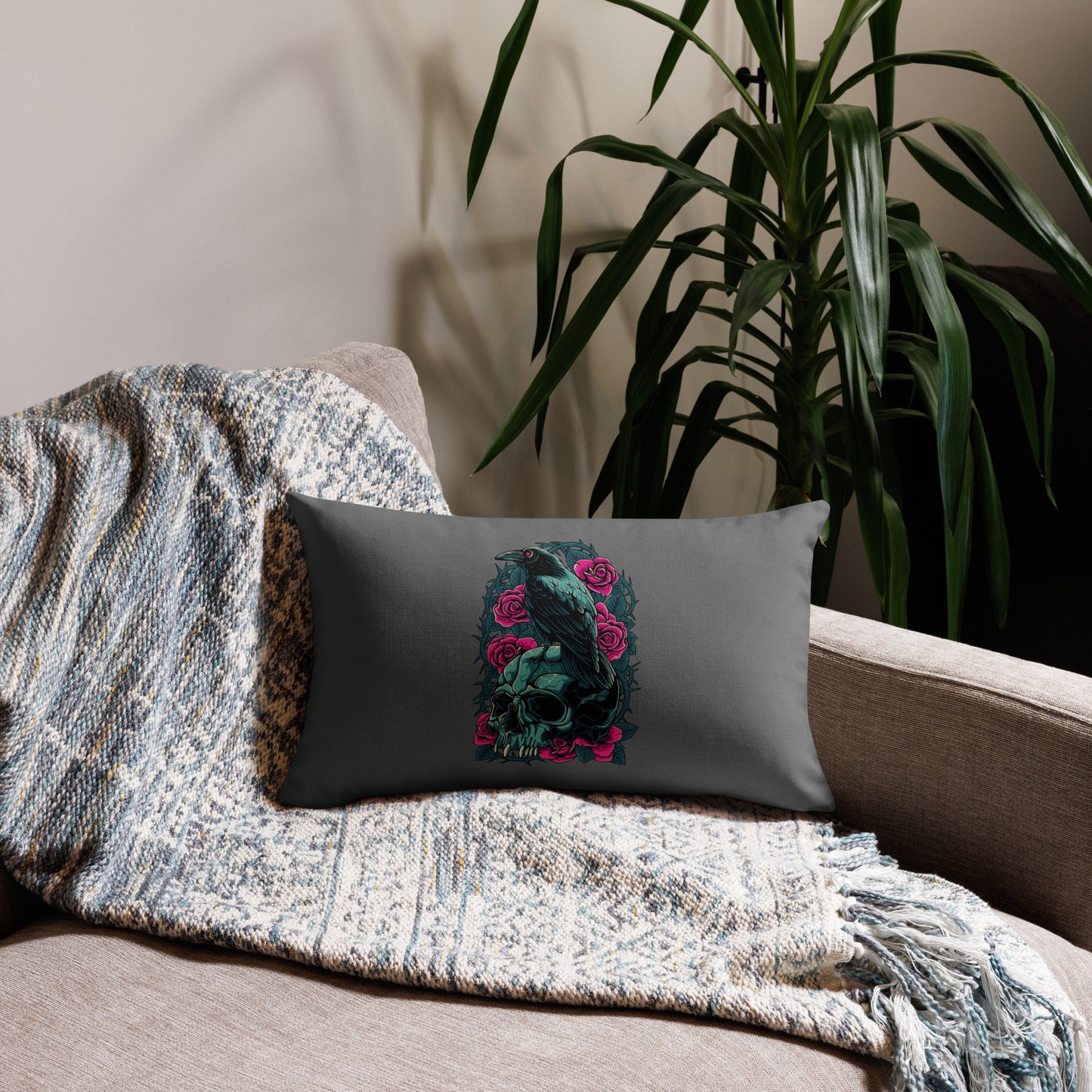 The Raven's Crypt Raven on Skull Grey Premium Pillow - 20 x 12
