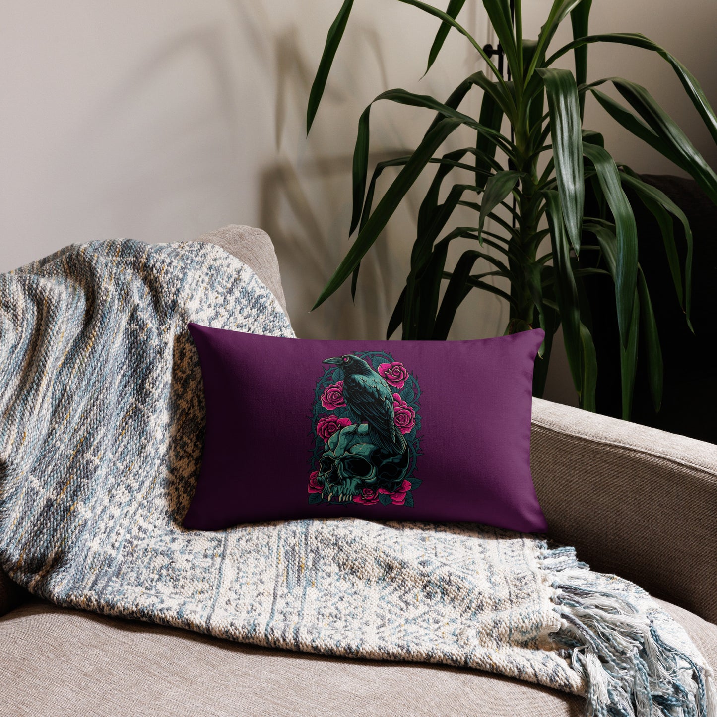 The Raven's Crypt Raven on Skull Tyrian Purple Premium Pillow - 20 x 12
