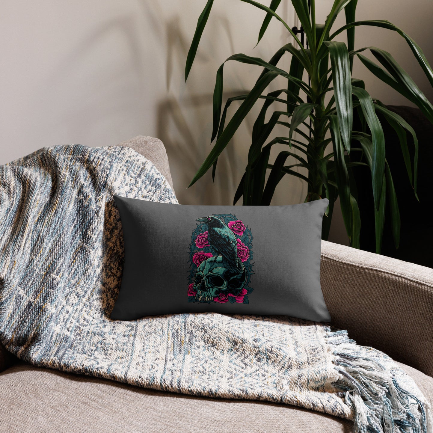 The Raven's Crypt Raven on Skull Zambezi Premium Pillow - 20 x 12