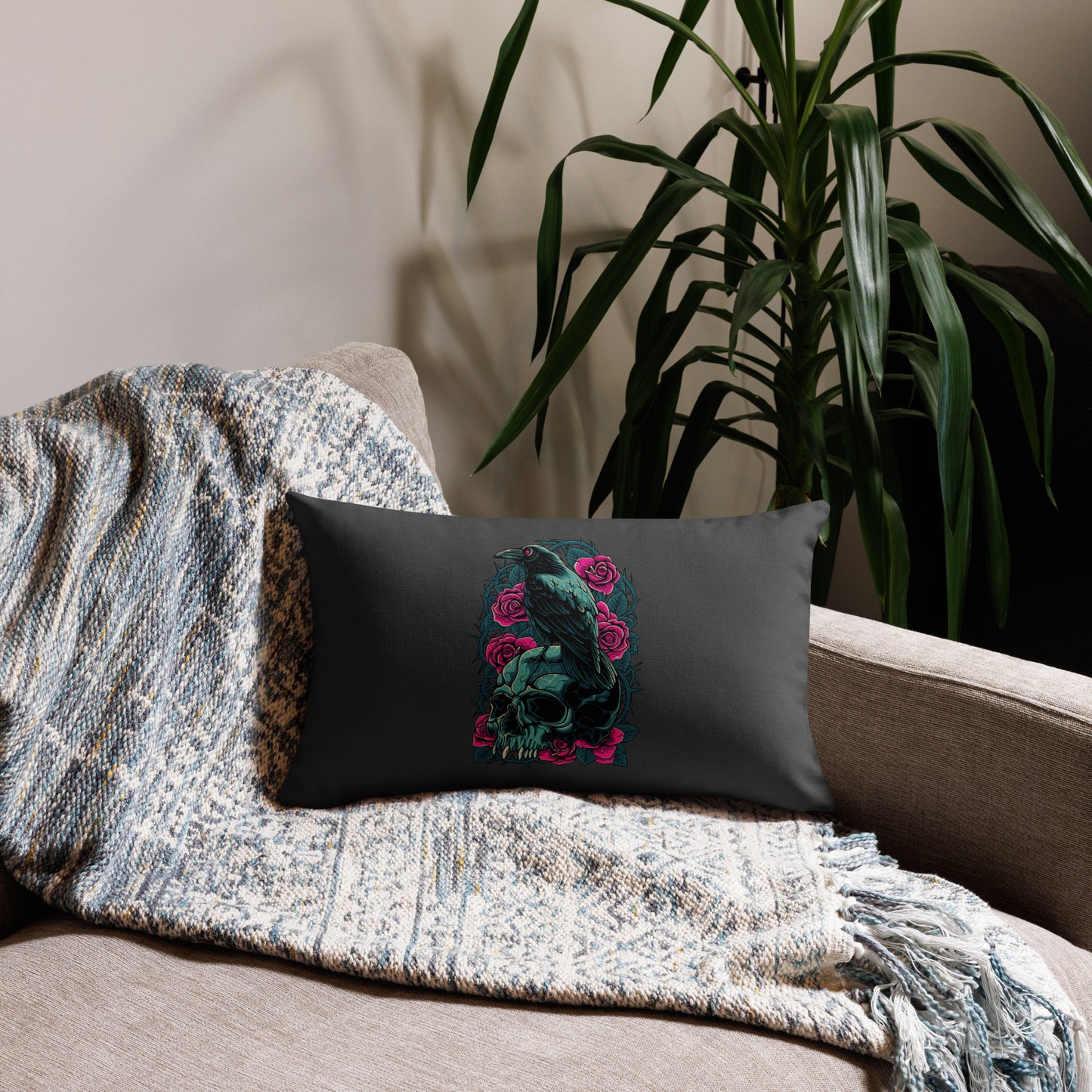 The Raven's Crypt Raven on Skull Eclipse Premium Pillow - 20 x 12