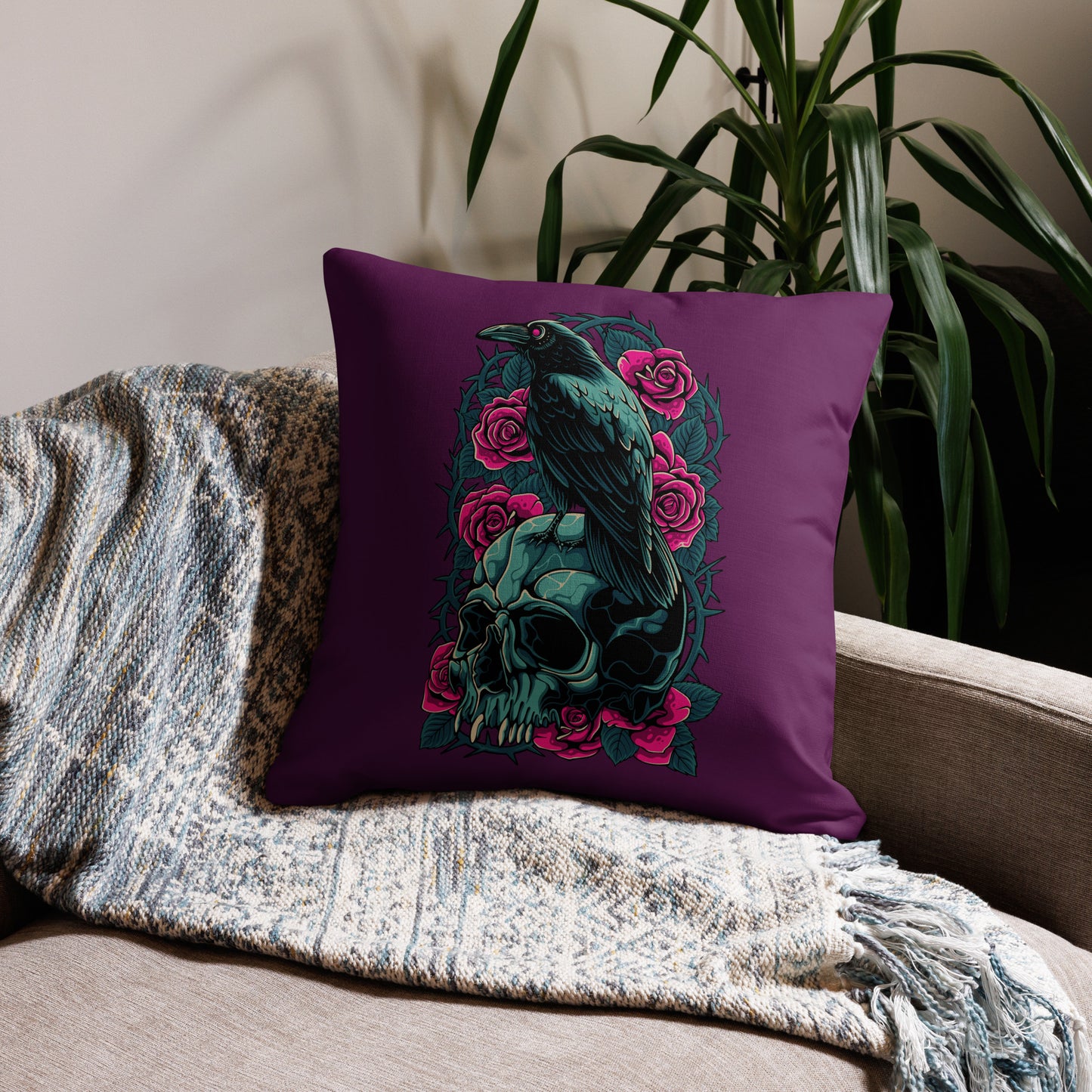 The Raven's Crypt Raven on Skull Tyrian Purple Premium Pillow - 22 x 22