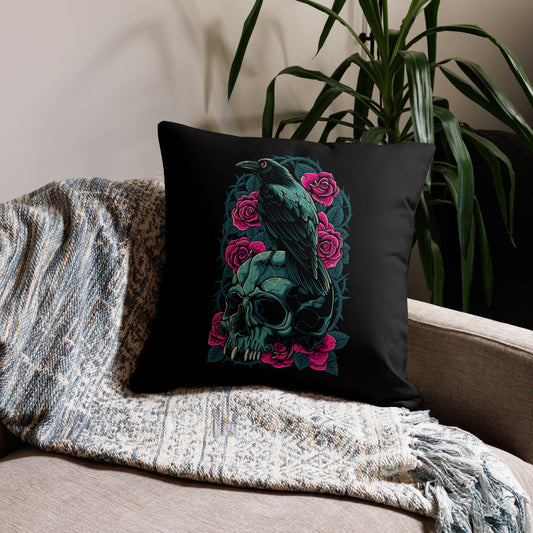 The Raven's Crypt Raven on Skull Black Premium Pillow - 22 x 22