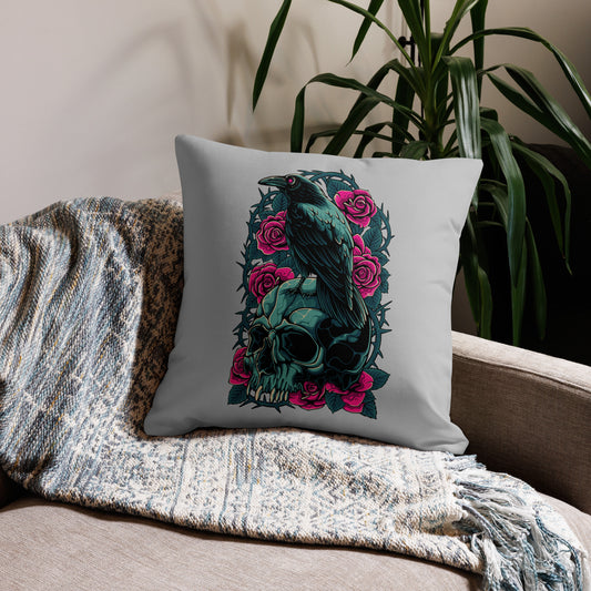 The Raven's Crypt Raven on Skull Silver Premium Pillow - 22 x 22