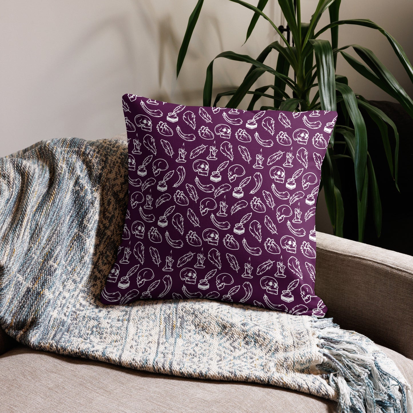 Edgar Allan Poe Tilled Tyrian Purple & White Premium Pillow - 22 x 22 Front