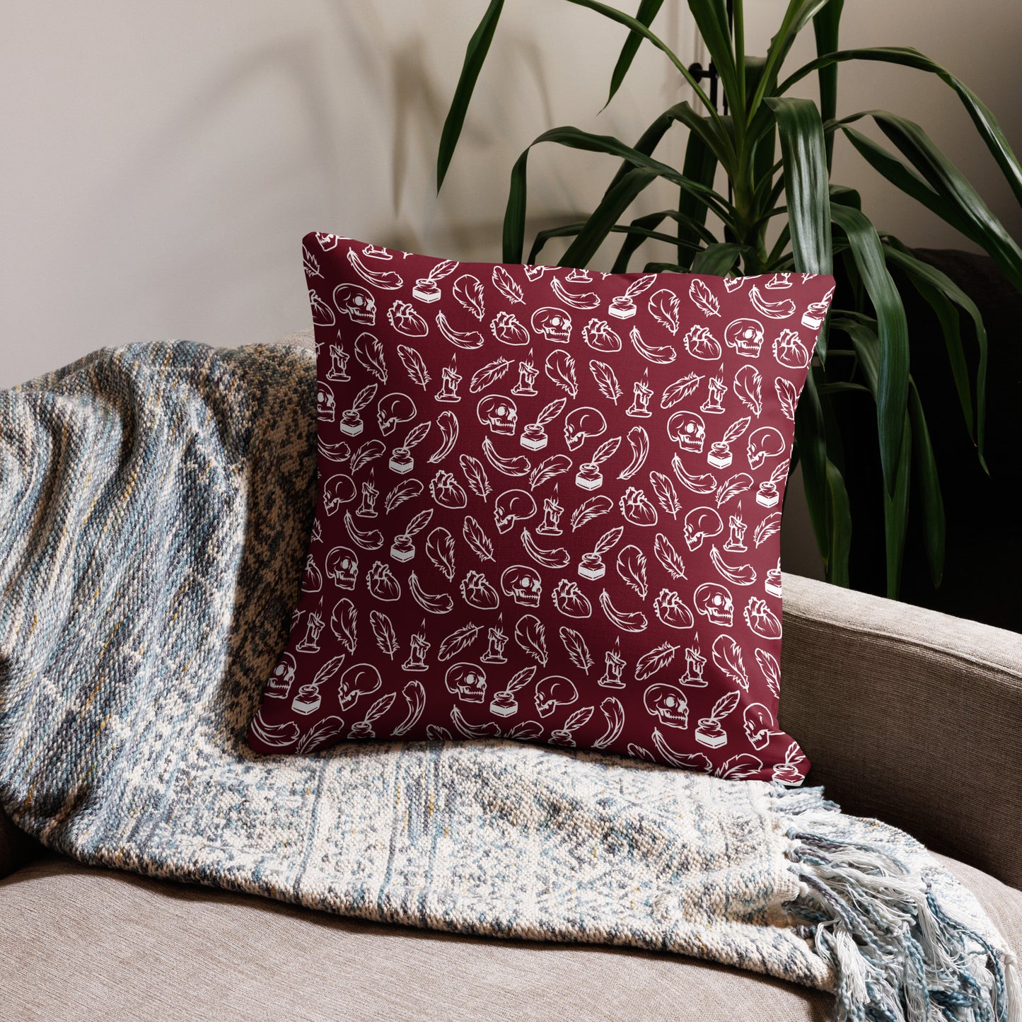 Edgar Allan Poe Tilled Burgundy & White Premium Pillow - 22 x 22 Front
