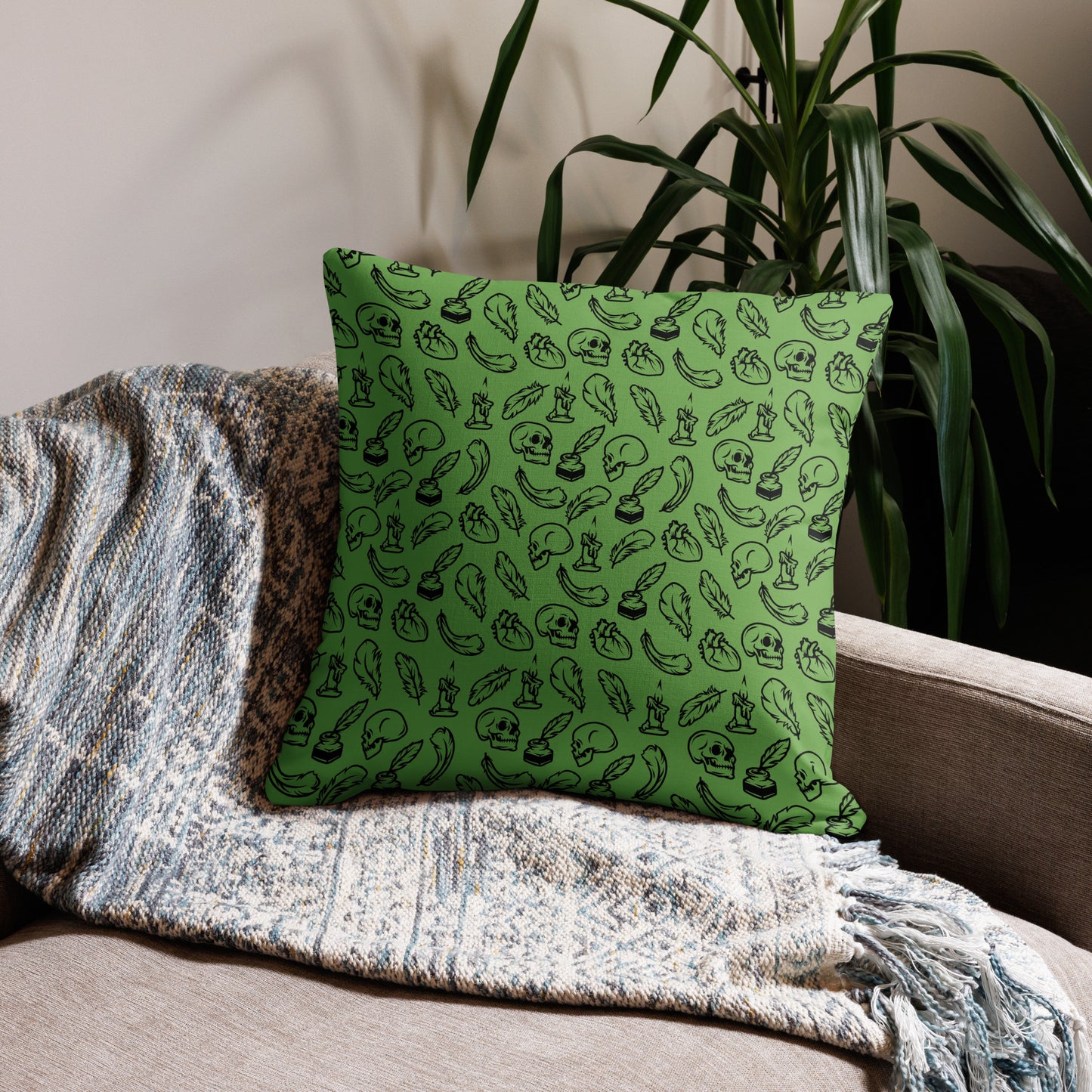 Edgar Allan Poe Tilled Green & Black Premium Pillow - 22 x 22 Front