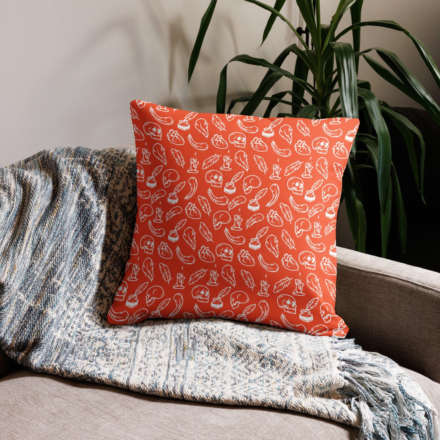 Edgar Allan Poe Tilled Outrageous Orange & White Premium Pillow - 22 x 22 Front
