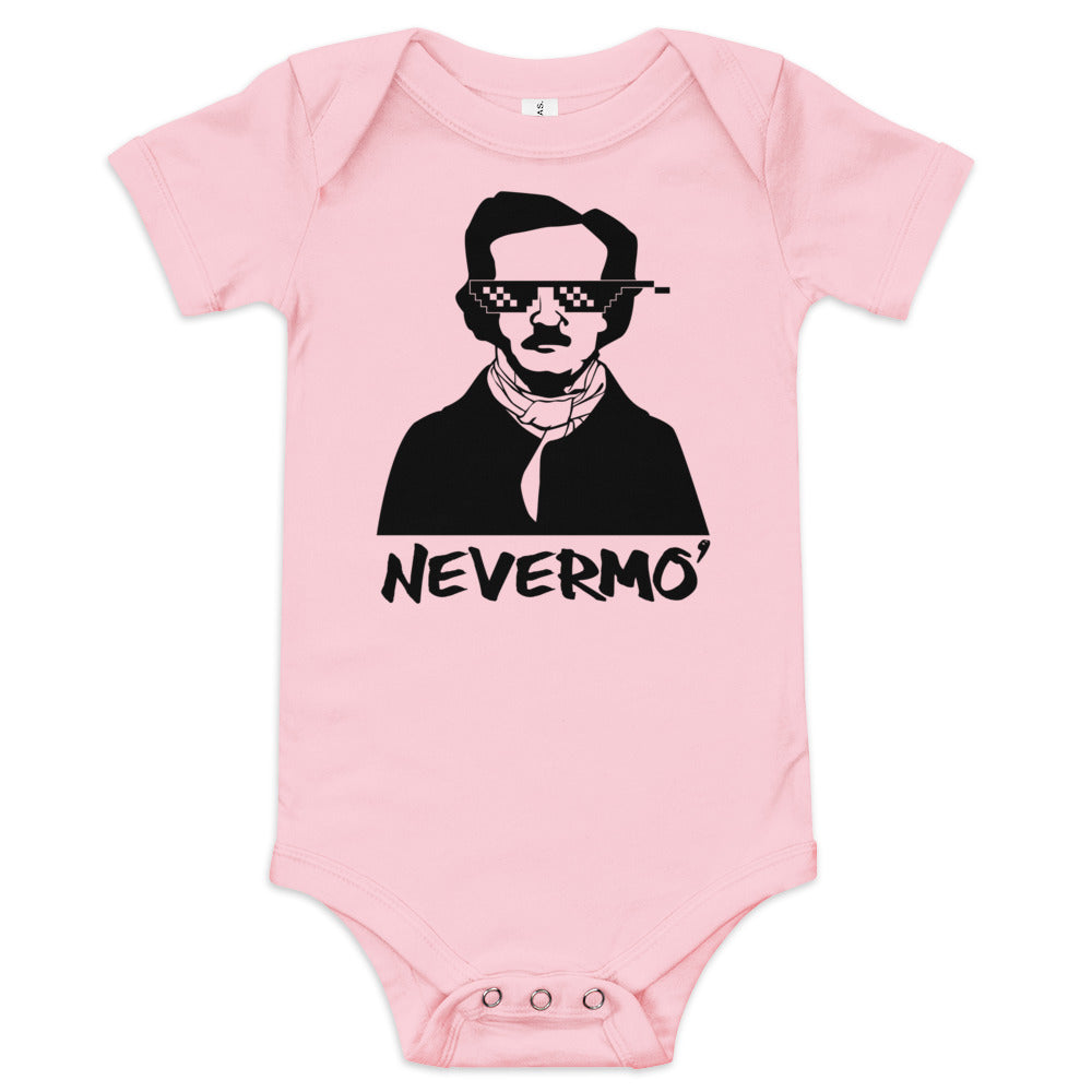 "Nevermo" Edgar Allan Poe Illustrated Short Sleeve Baby One-Piece - A cozy and cute baby onesie featuring an Edgar Allan Poe-inspired design, perfect for any little bookworm. Pink