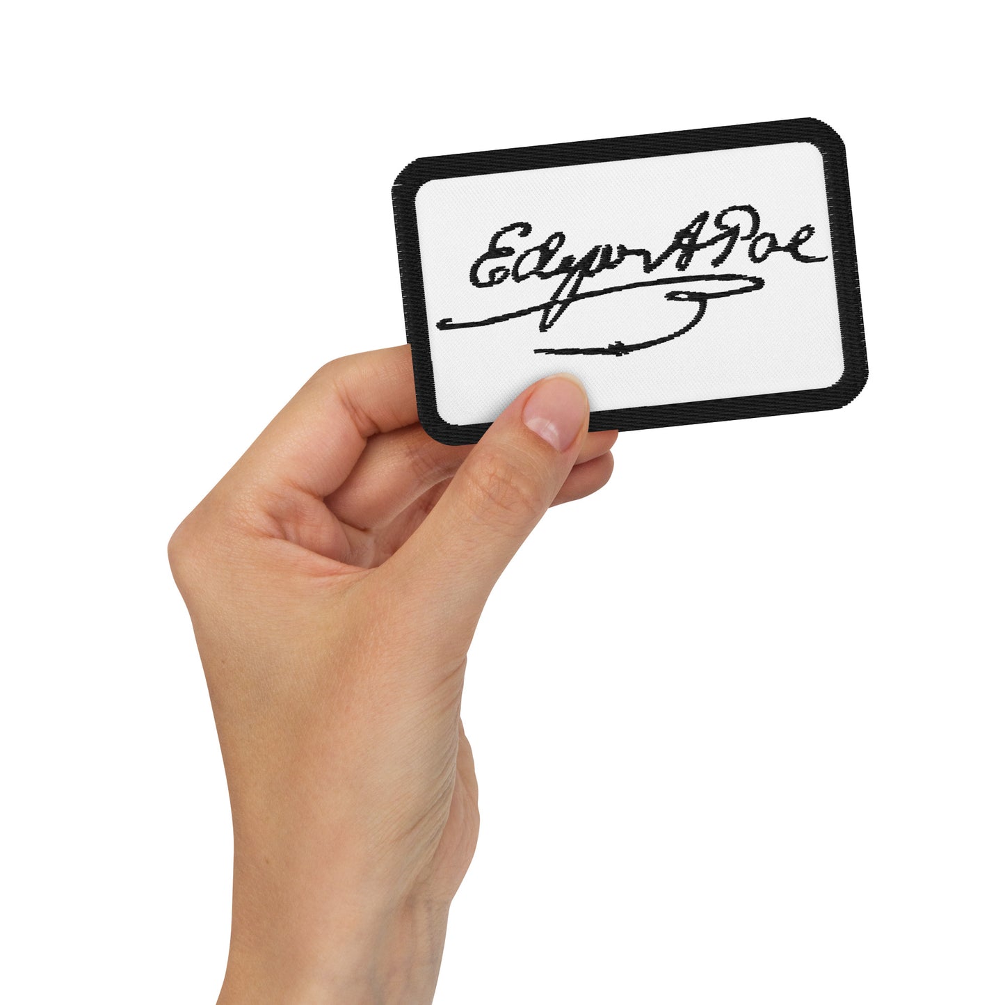 Edgar Allan Poe Signature Embroidered patches - White Rectangle Black Text