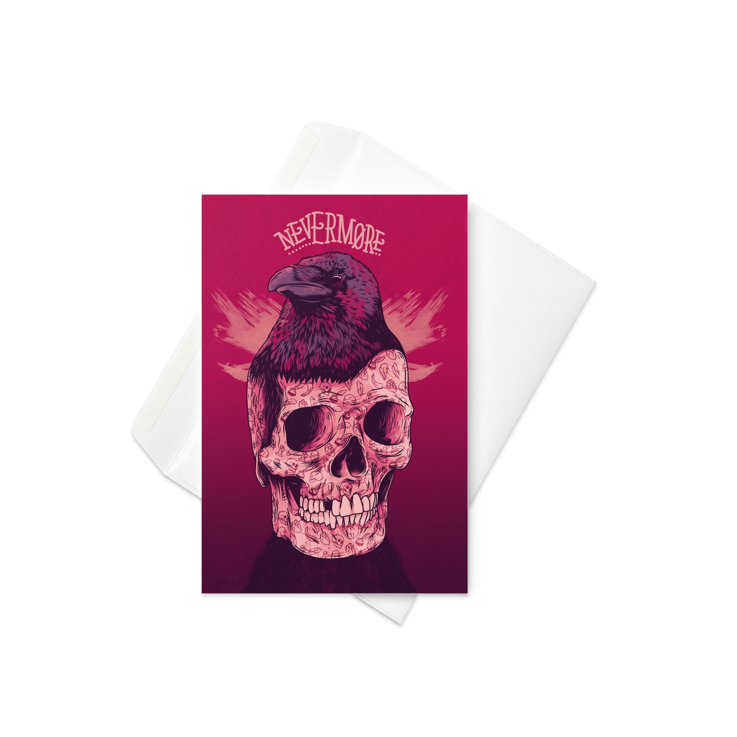Edgar Allan Poe Skull & Raven Illustrated Greeting Card, featuring skull, raven, and Poe's portrait. 4x6