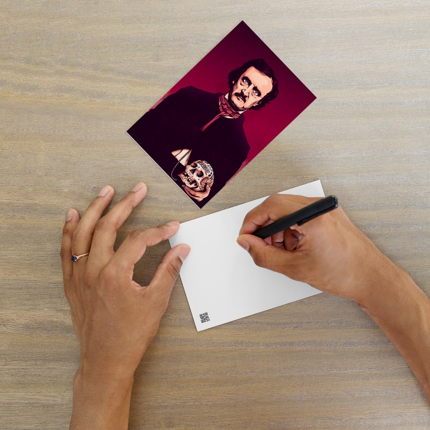 Edgar Allan Poe Illustrated Skull and Raven Postcard - 4x6