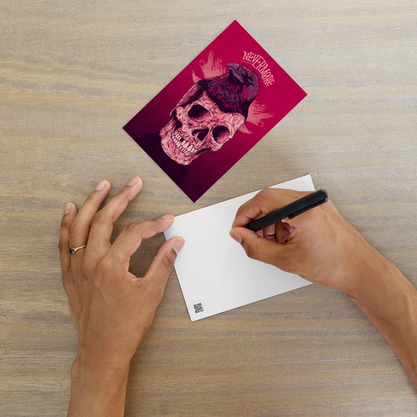 Edgar Allan Poe Skull & Raven Illustrated Postcard for Fans of Gothic Literature and Dark Art