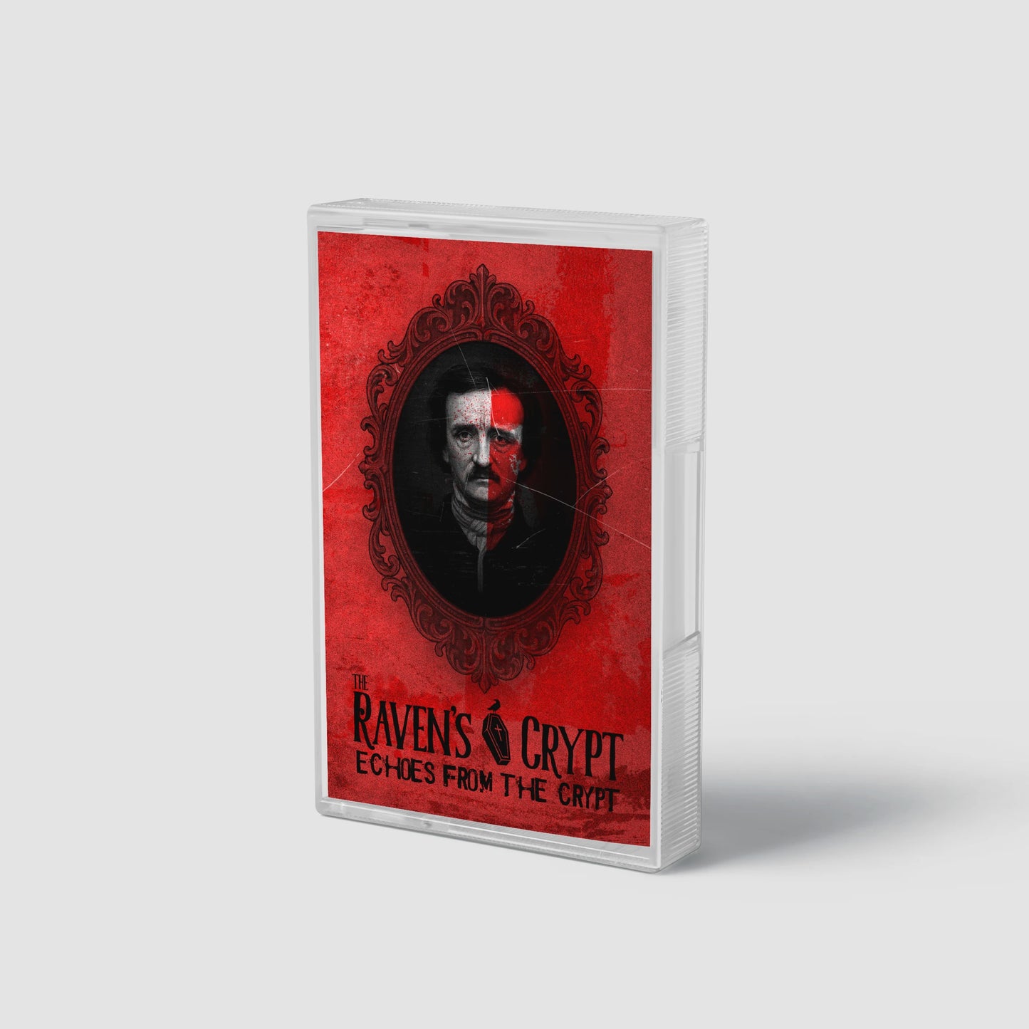 Edgar Allan Poe ‘Echoes From the Crypt’ red cassette tape cover featuring a cracked portrait frame and gothic artwork from The Raven’s Crypt.” cassette tape