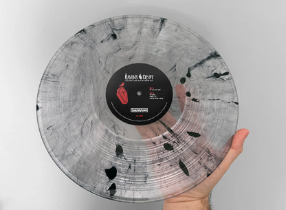 Hand holding the Fog of Madness Edgar Allan Poe vinyl record from The Raven’s Crypt, featuring clear-and-smoke marble pattern with black splatter and center label.