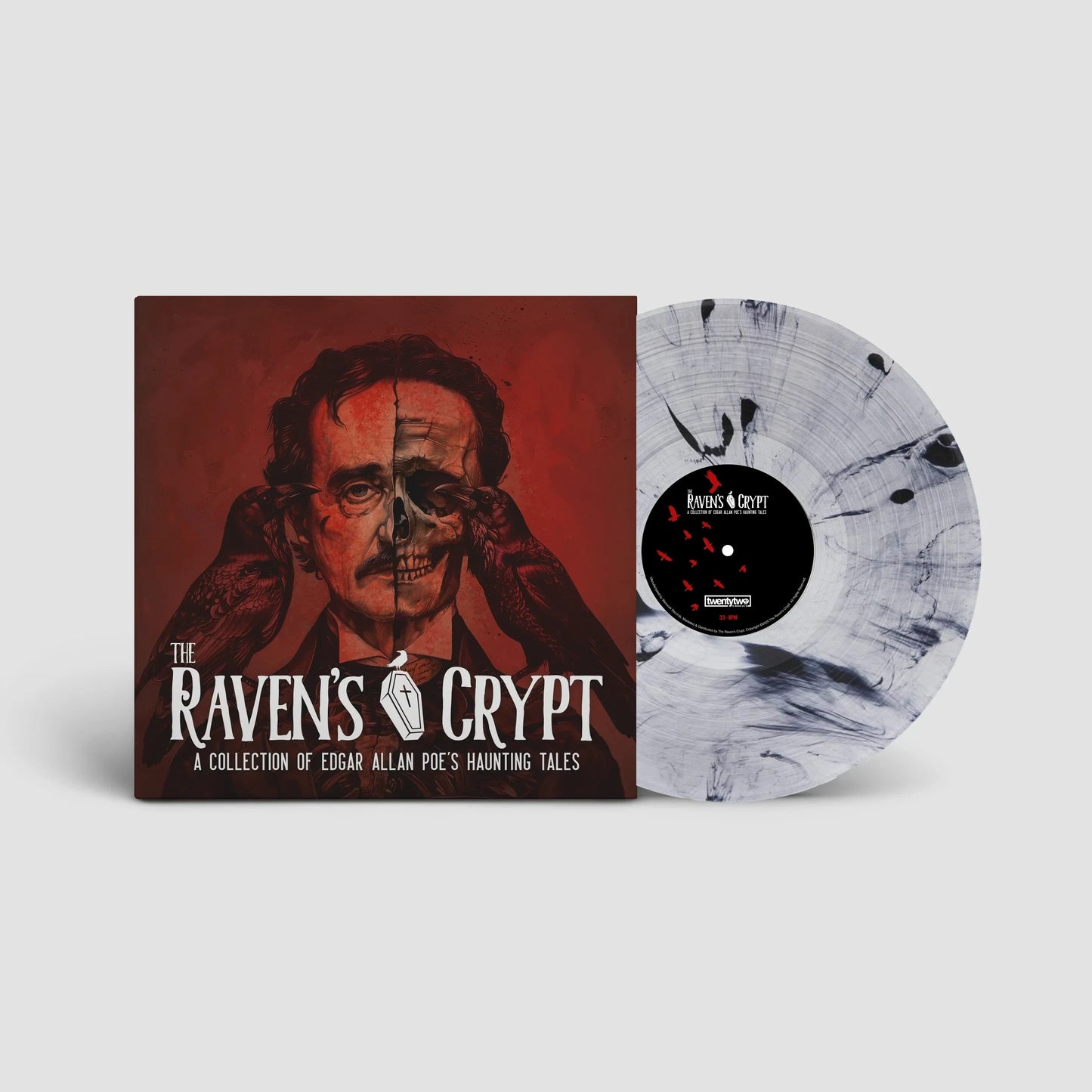Fog of Madness variant of The Raven’s Crypt Edgar Allan Poe vinyl, featuring smoke-swirled clear record and Poe skull artwork on the album cover.