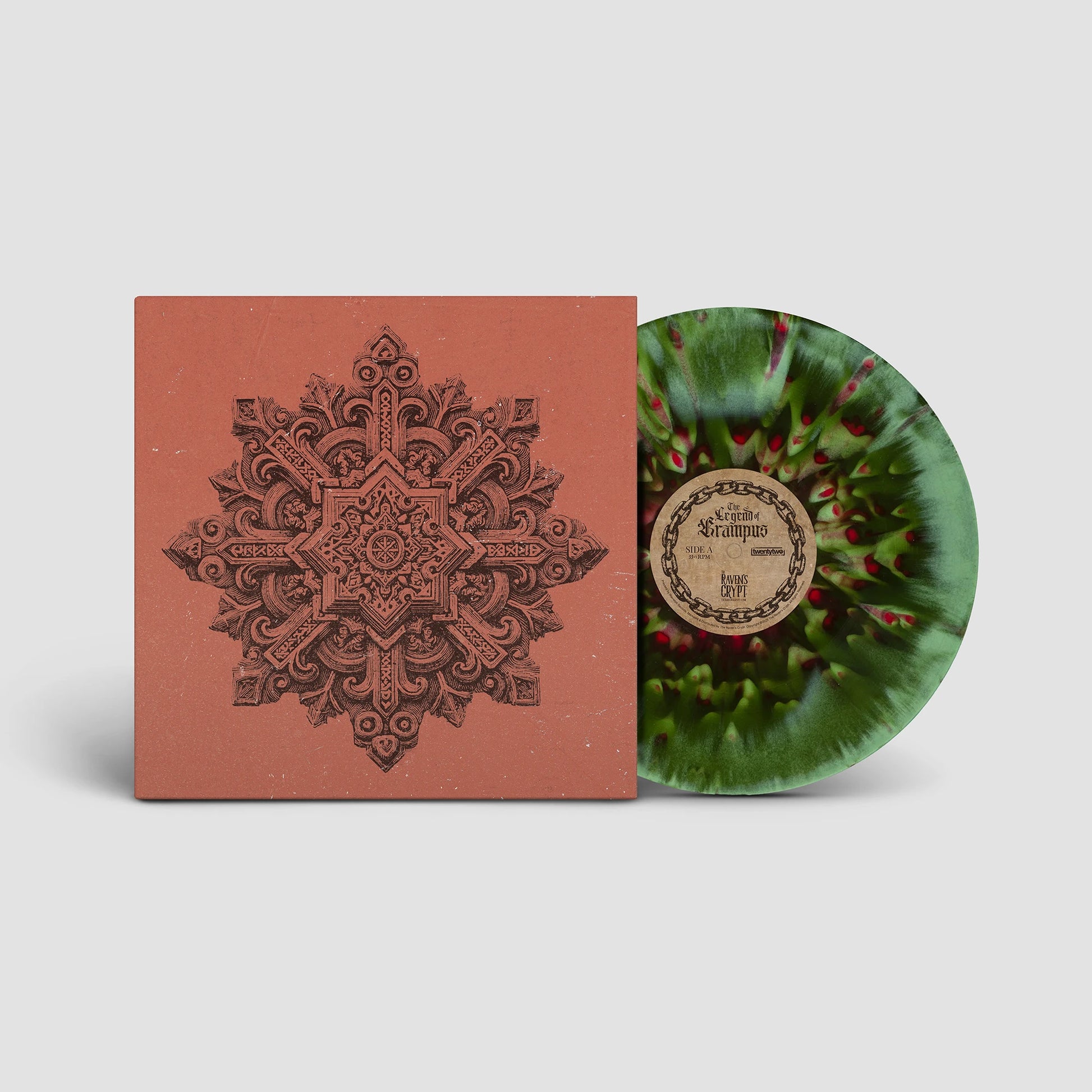 The Legend of Krampus vinyl A-side shown with ornate red inner sleeve artwork and Evergreen Swirl with Holly Berry Splatter Wreath of Wrath variant record.