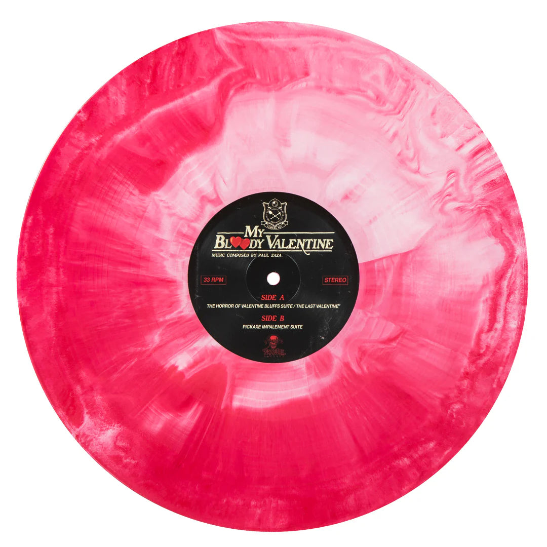 Close-up of the My Bloody Valentine 1981 soundtrack vinyl record, featuring a blood-red and white hand-poured swirl design with the official LP label at the center.