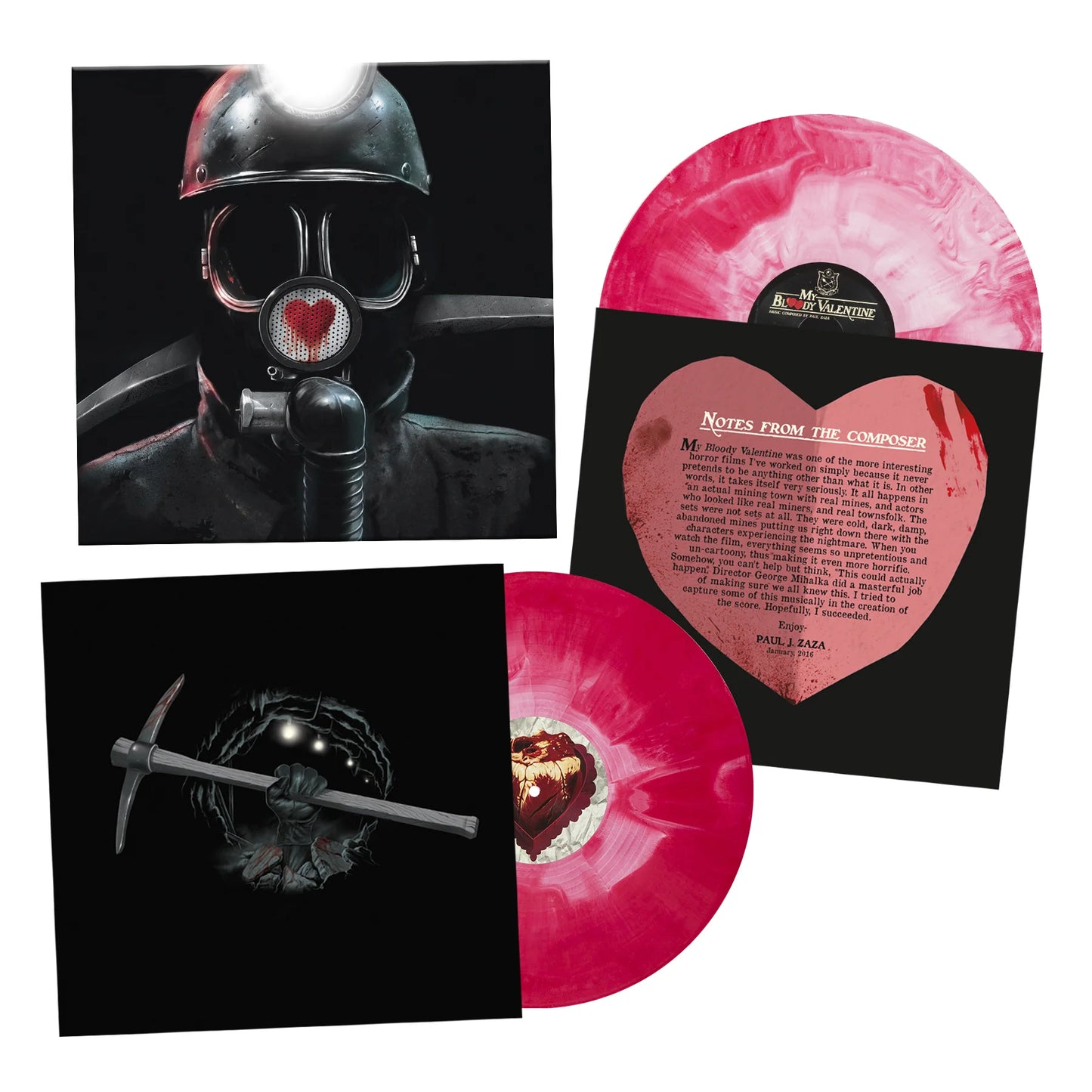 My Bloody Valentine 1981 soundtrack vinyl set showing the Miner cover art, blood-red and white hand-poured LPs, composer note insert, and inner sleeve with pickaxe artwork.