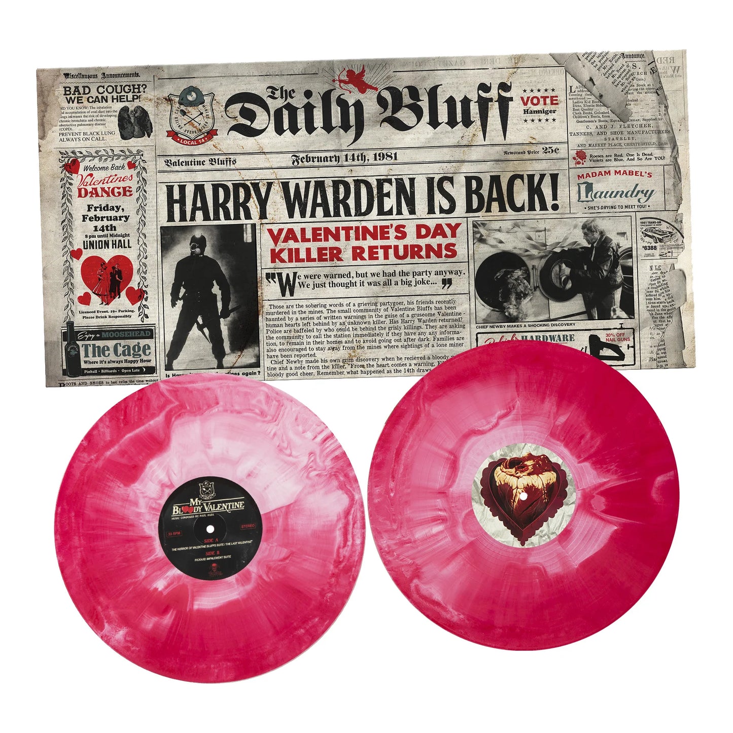 My Bloody Valentine 1981 original motion picture score featuring two blood-red and white hand-poured vinyl records displayed with the vintage-style “Daily Bluff” newspaper insert announcing Harry Warden’s return.