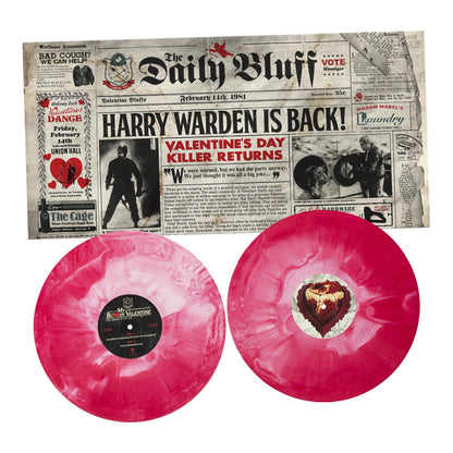 My Bloody Valentine 1981 original motion picture score featuring two blood-red and white hand-poured vinyl records displayed with the vintage-style “Daily Bluff” newspaper insert announcing Harry Warden’s return.