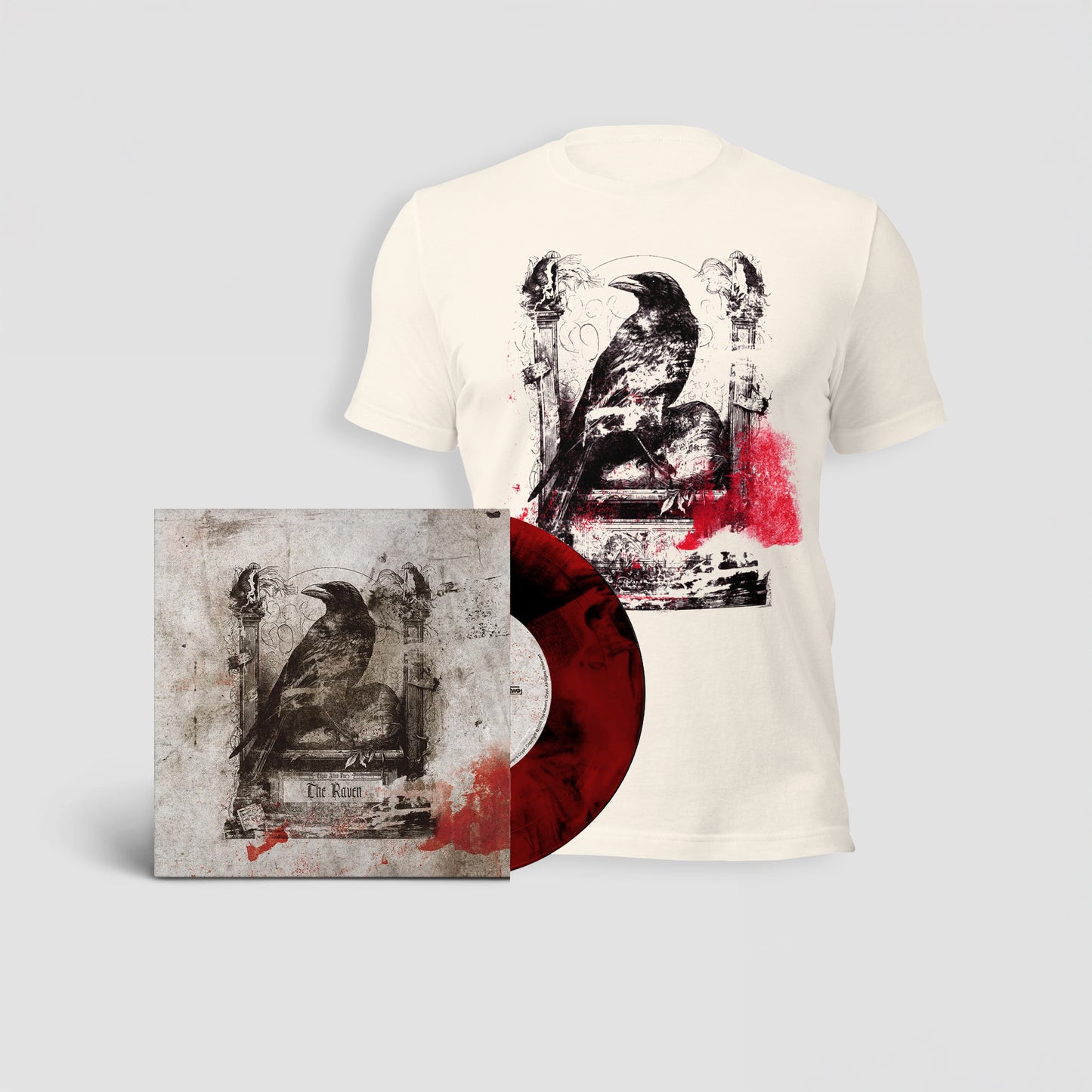 Edgar Allan Poe ‘The Raven’ limited-edition bundle featuring a cream T-shirt with gothic raven artwork, a red-and-black swirl 7-inch vinyl record, and matching album cover.