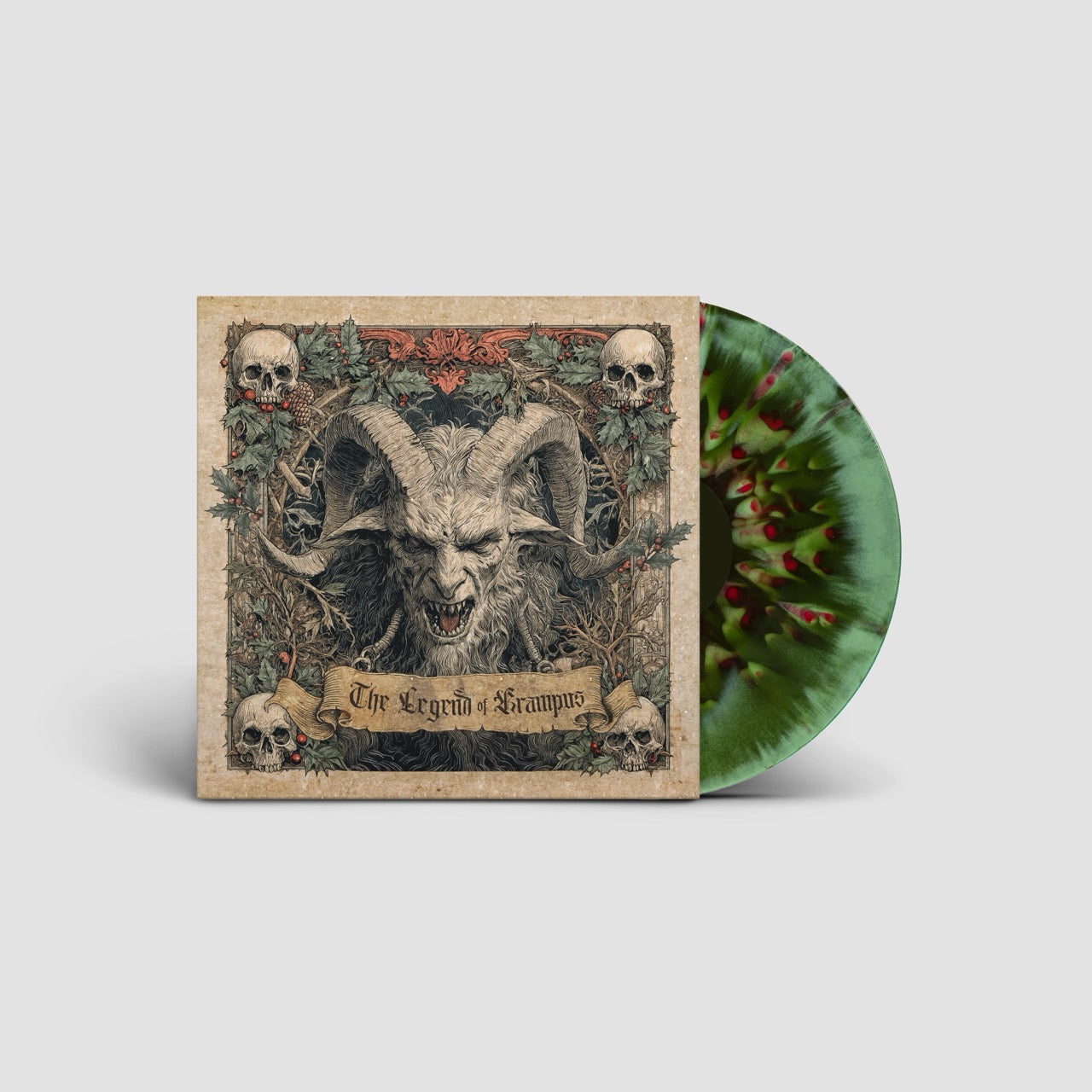 The Legend of Krampus 12 inch vinyl LP with illustrated Krampus cover art and green Evergreen Swirl with Holly Berry Splatter Wreath of Wrath variant.