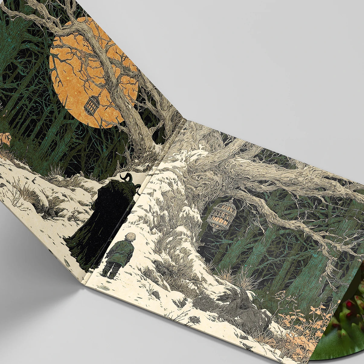 Inner gatefold artwork of The Legend of Krampus vinyl showing Krampus and a child in a snowy forest beneath an orange moon with detailed illustrated trees.