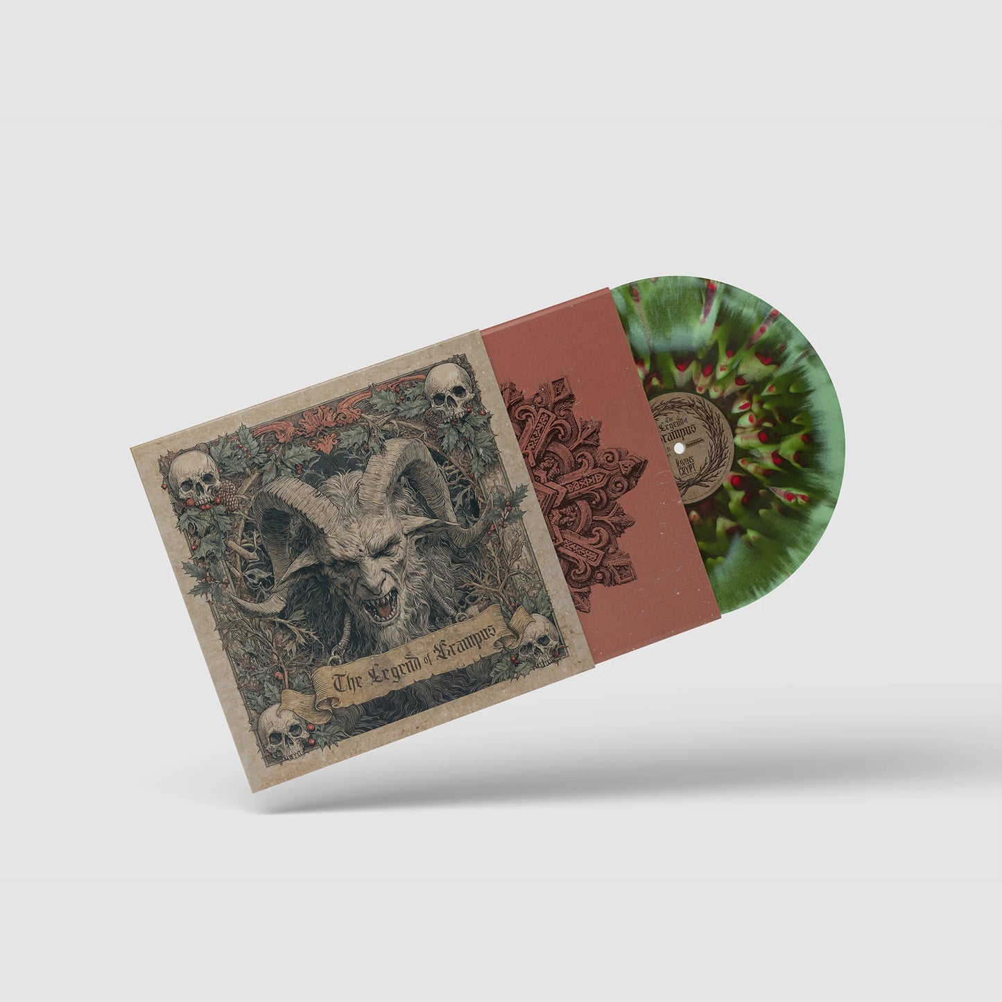 The Legend of Krampus vinyl LP shown with illustrated cover art, red inner sleeve, and green Evergreen Swirl with Holly Berry Splatter Wreath of Wrath variant.