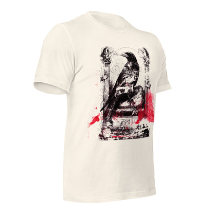 Edgar Allan Poe inspired raven graphic T-shirt with distressed black art and blood-red accents.