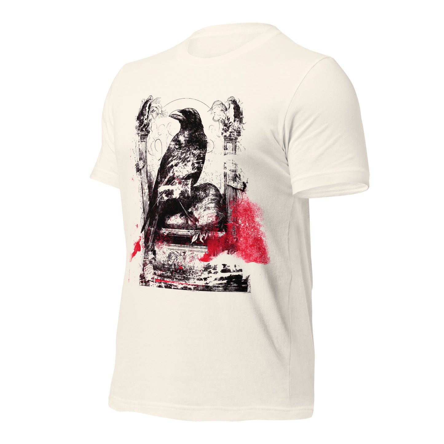 Vintage white T-shirt with gothic raven illustration and red splatter artwork from The Raven Inferno Variant collection.