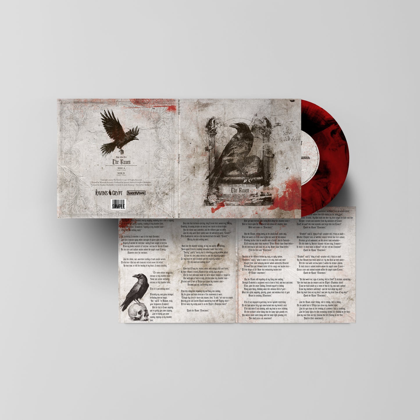 The Raven by Edgar Allan Poe Inferno Variant vinyl showing a gothic gatefold design showing the poem, and a red-and-black swirl record.