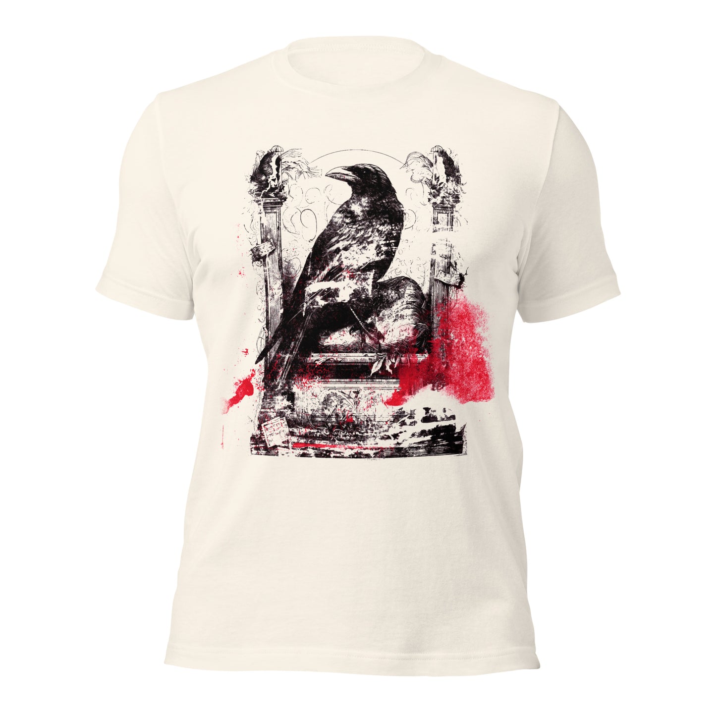 The Raven Inferno Variant T-shirt featuring gothic raven artwork with distressed black ink and red splash accents on a vintage white shirt.